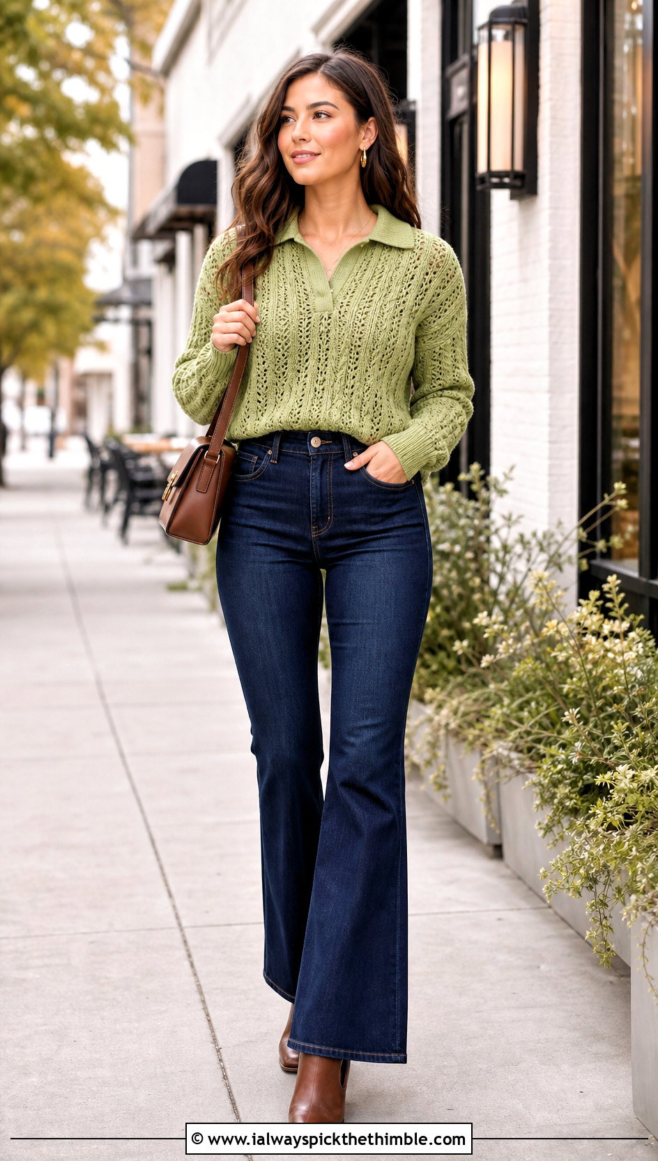 Polo Collar Crochet Cable Sweater With Dark Flare Jeans - 20 crochet cable knit sweater outfit ideas