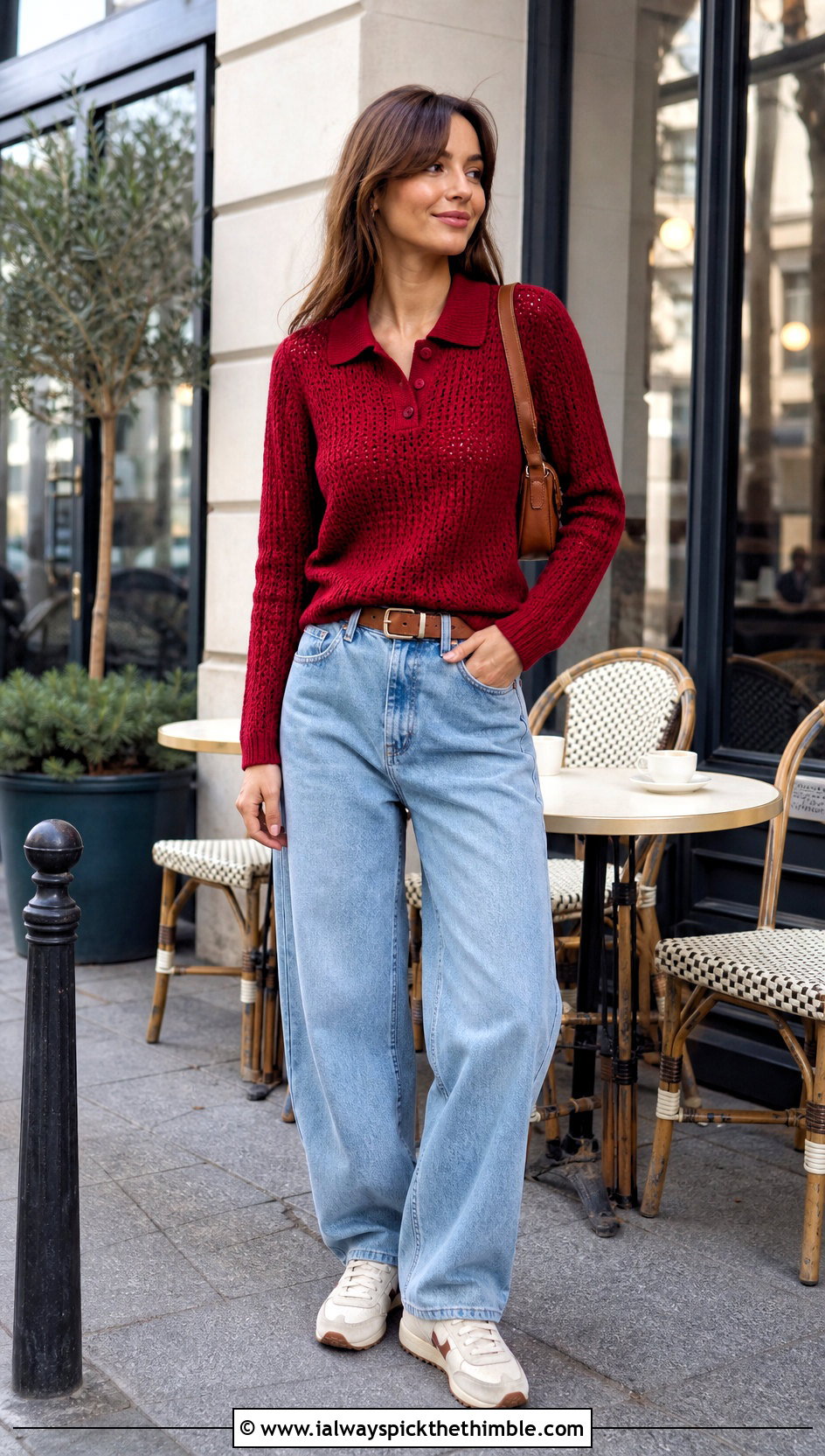 Polo Collar Crochet Cashmere Sweater With Barrel Jeans - 20 crochet cashmere sweater outfit ideas