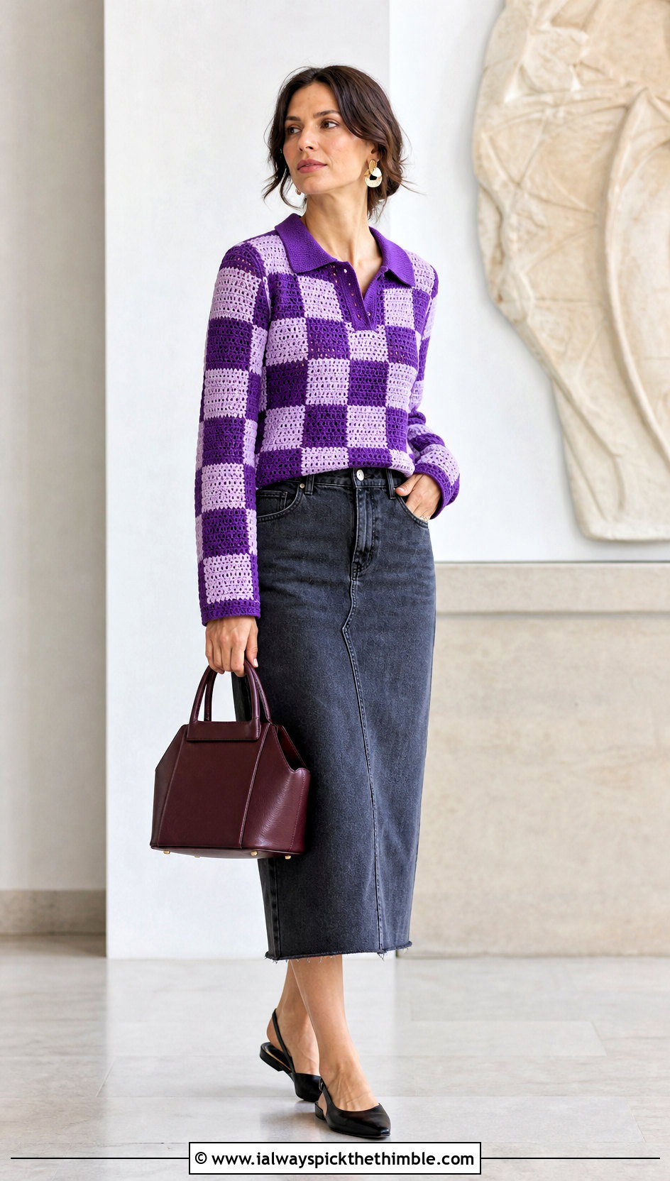 Polo Collar Crochet Checker Sweater With Column Skirt - 20 Crochet Checker Sweater outfit ideas