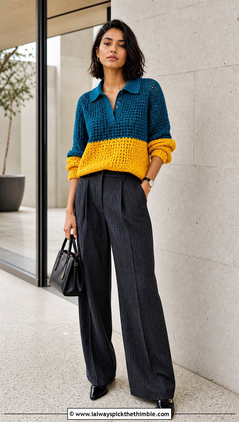 Polo Collar Crochet Colorblock Sweater With Pinstripe Trousers - 20 crochet colorblock sweater outfit ideas