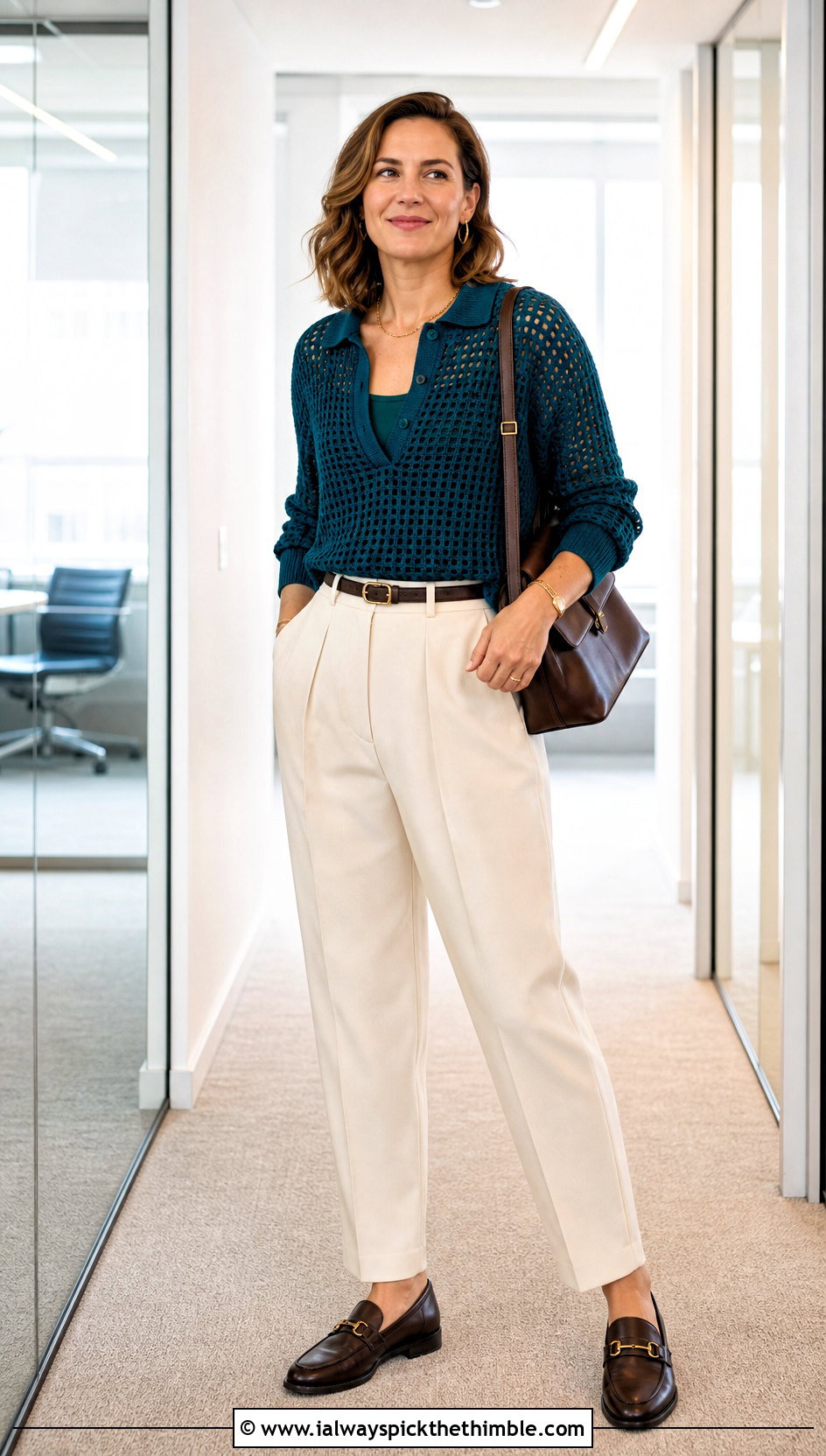 Polo Collar Crochet Grid Sweater With Tailored Trousers - 20 crochet grid sweater outfit ideas