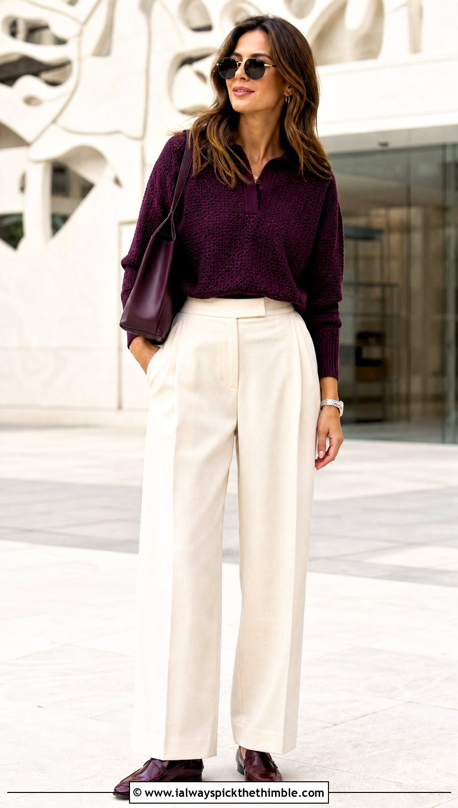 Polo Collar Crochet Jumper With Wide Leg Pants - 15 Ladies Crochet Jumper outfit ideas