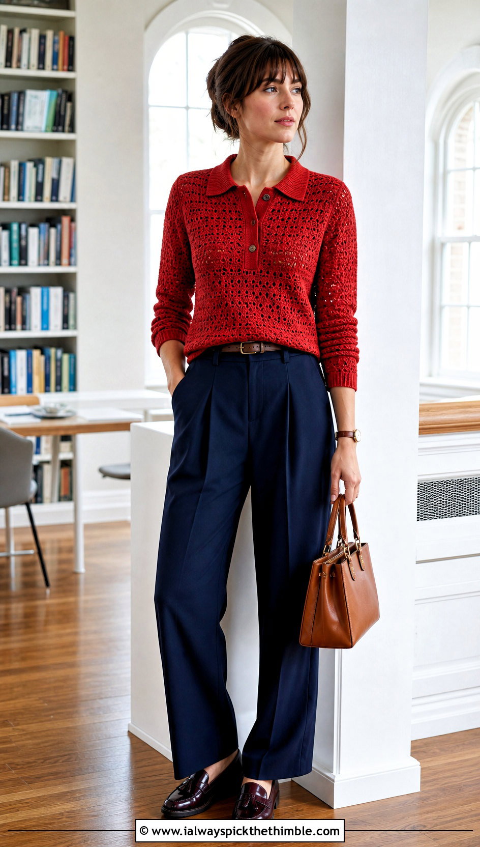 Polo Collar Crochet Lacy Sweater With Pleated Trousers - 20 crochet lacy sweater outfit ideas