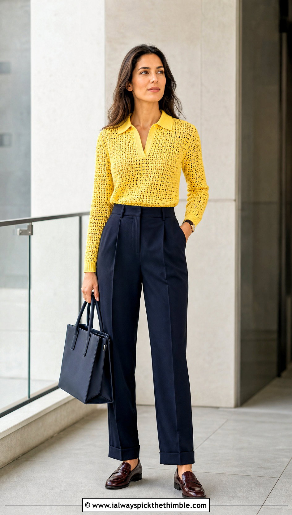 Polo Collar Crochet Long Sleeve Top With Pleated Pants - 25 crochet long sleeve tops outfit ideas