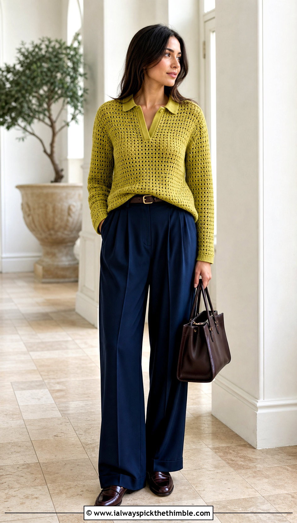 Polo Collar Crochet Long Sleeve Top With Pleated Trousers - 20 Easy Crochet Long Sleeve Top outfit ideas
