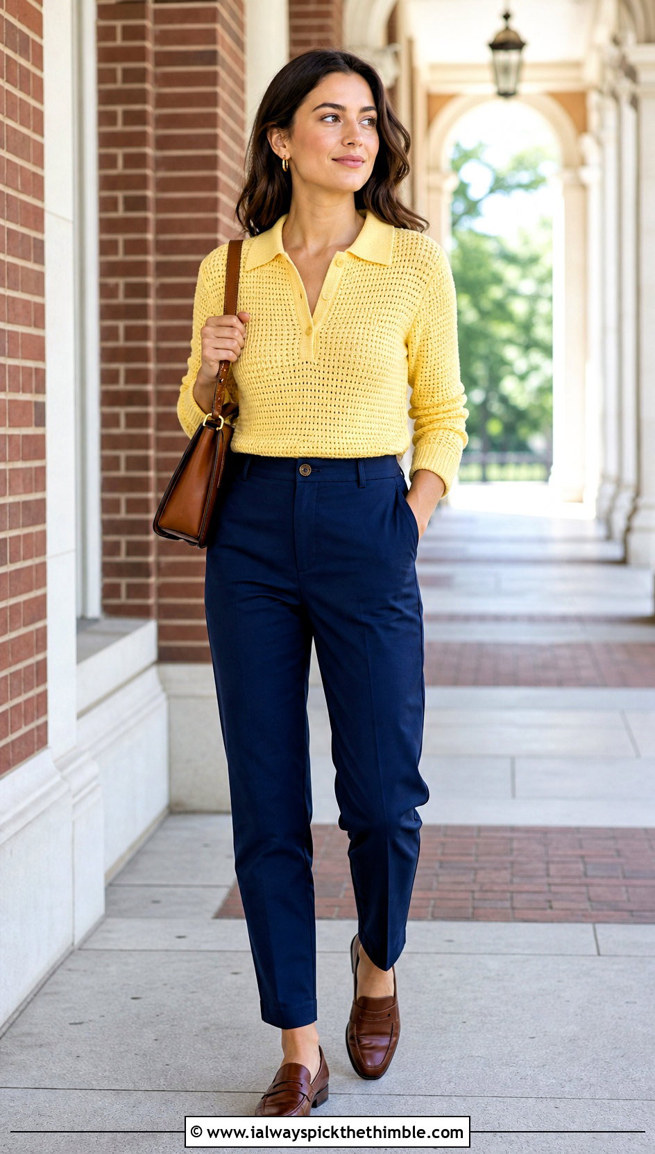Polo Collar Crochet Long Sleeved Top With Chino Pants - 20 Crochet Long Sleeved Top outfit ideas