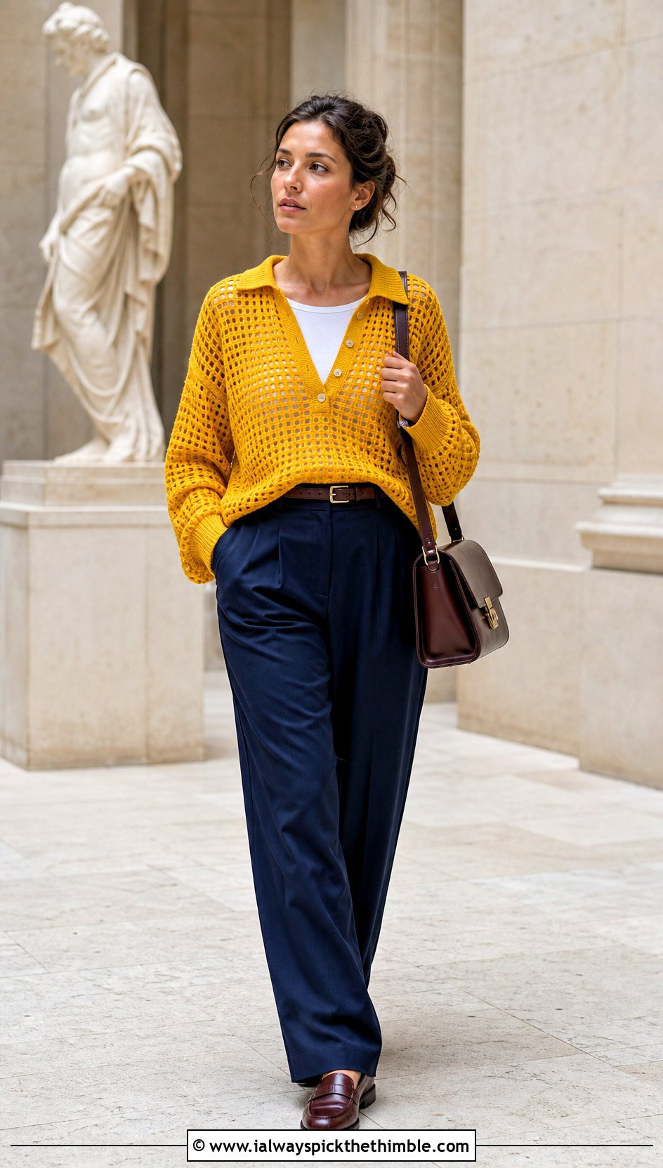 Polo Collar Crochet Mesh Sweater With Pleated Trousers - 25 oversized crochet mesh sweater outfit ideas