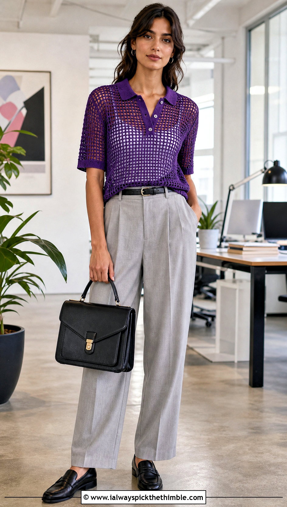 Polo Collar Crochet Mesh Top With Pleated Trousers - 25 crochet net top outfit ideas