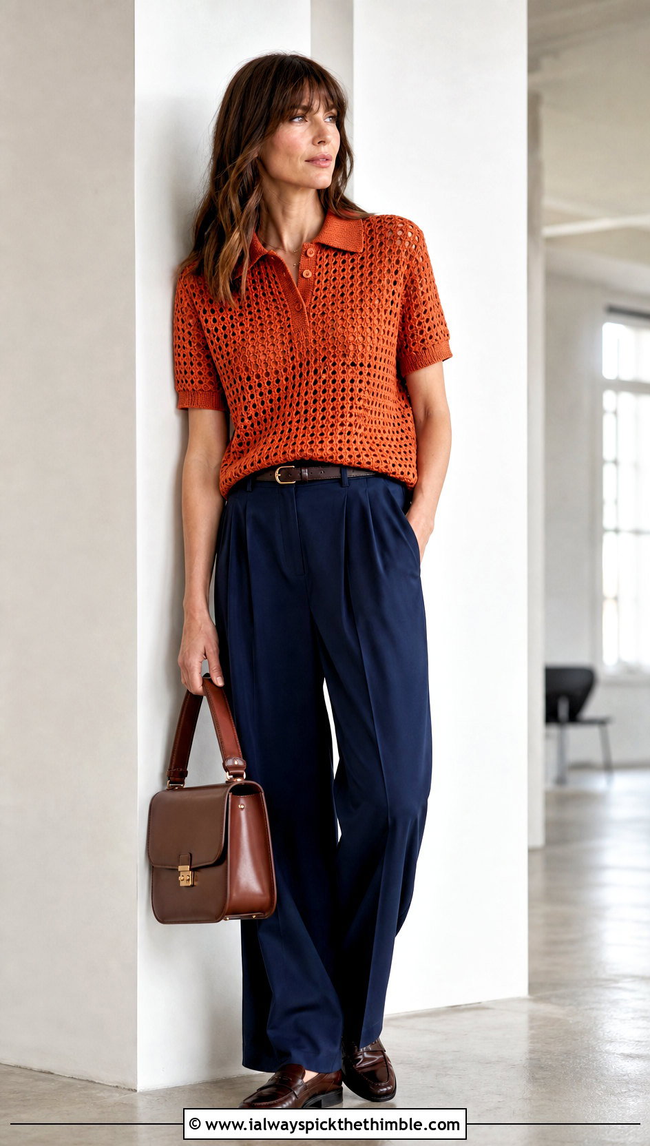Polo Collar Crochet Mesh Top With Pleated Trousers - 20 long sleeve crochet mesh top outfit ideas
