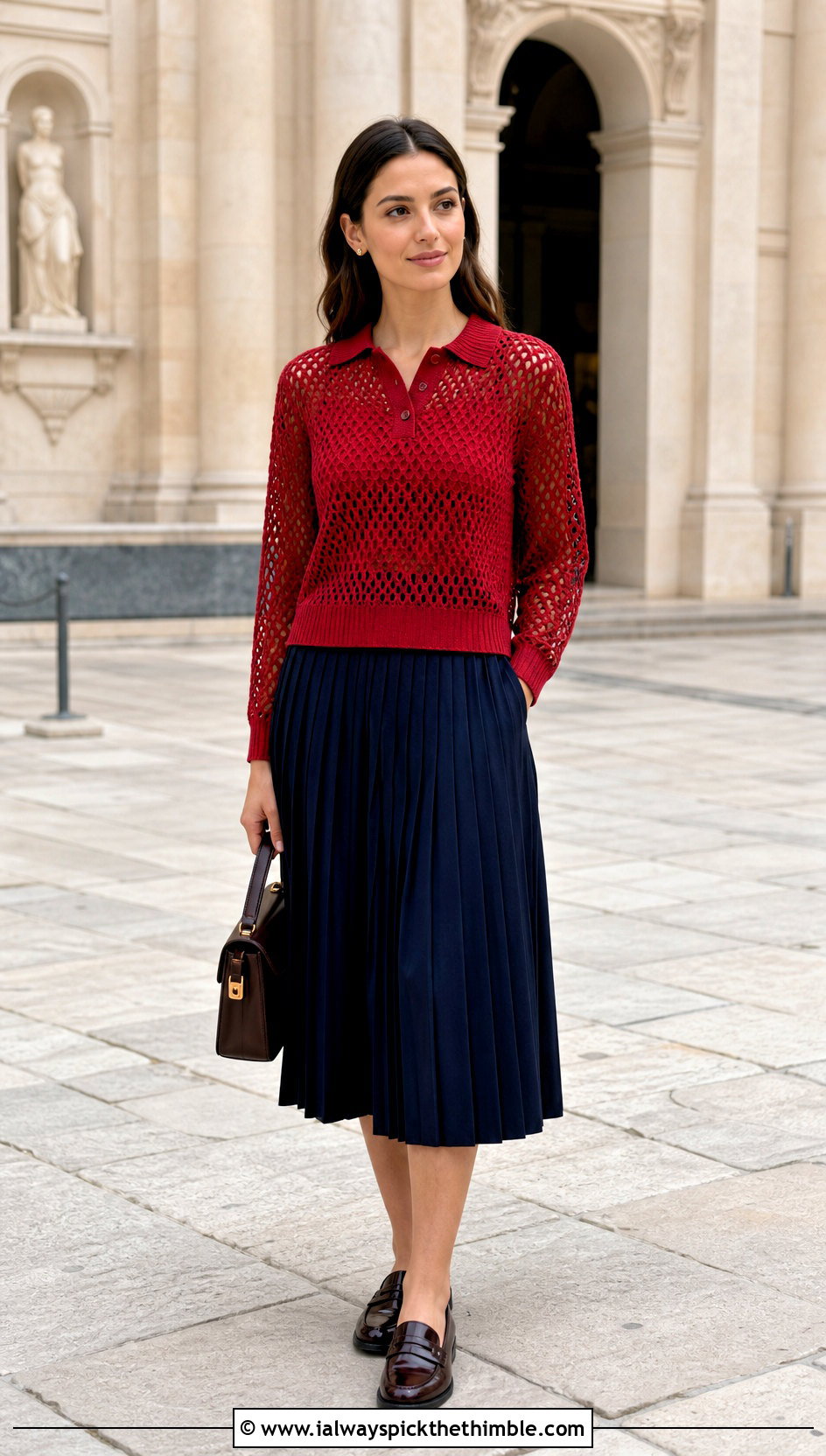 Polo Collar Crochet Net Sweater With Pleated Midi Skirt - 25 crochet net sweater outfit ideas