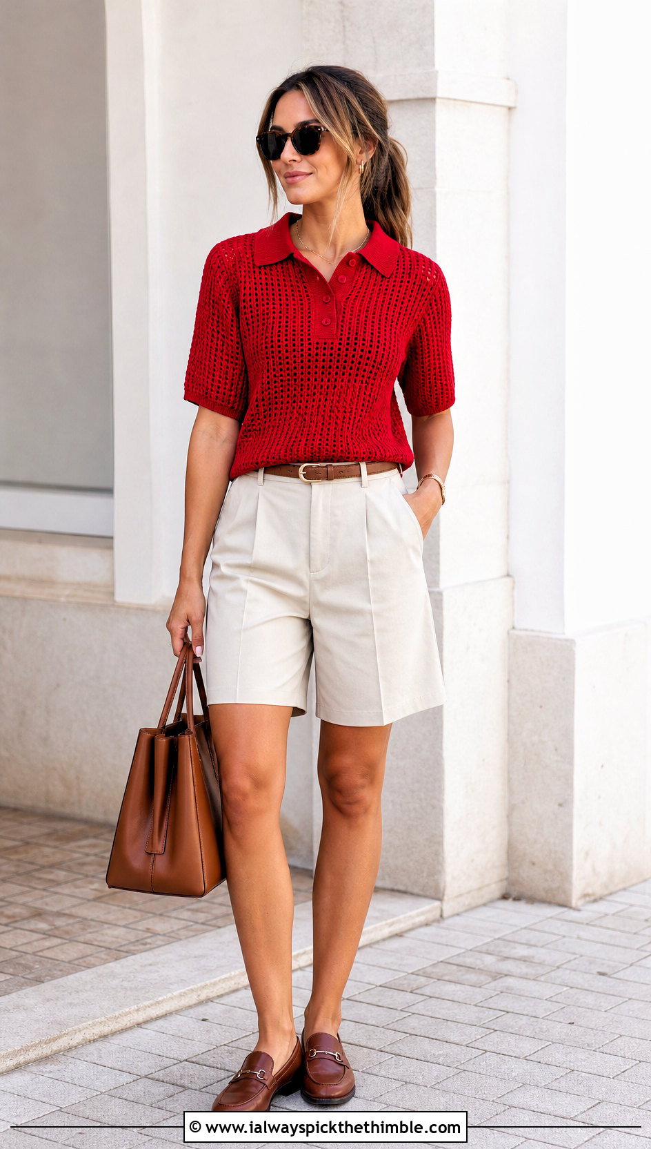 Polo Collar Crochet Pullover With Bermuda Shorts - 25 crochet pullover outfit ideas
