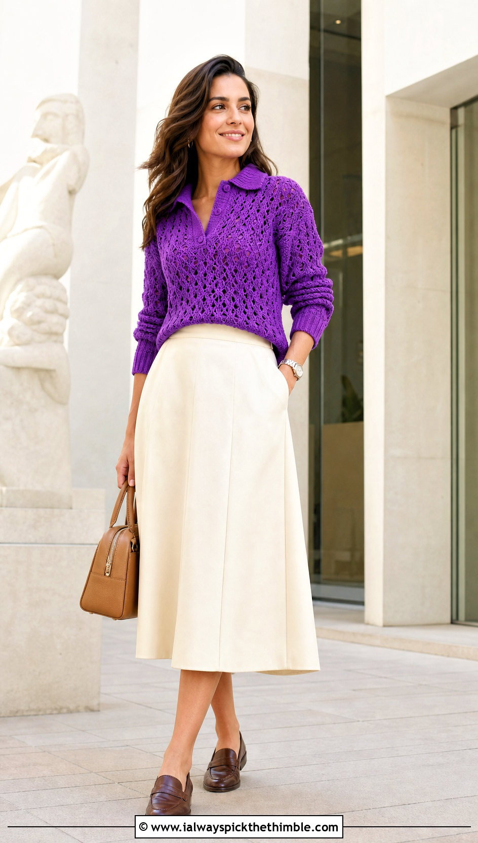 Polo Collar Crochet Sweater With A Line Midi Skirt - 20 crochet sweater and skirt outfit ideas