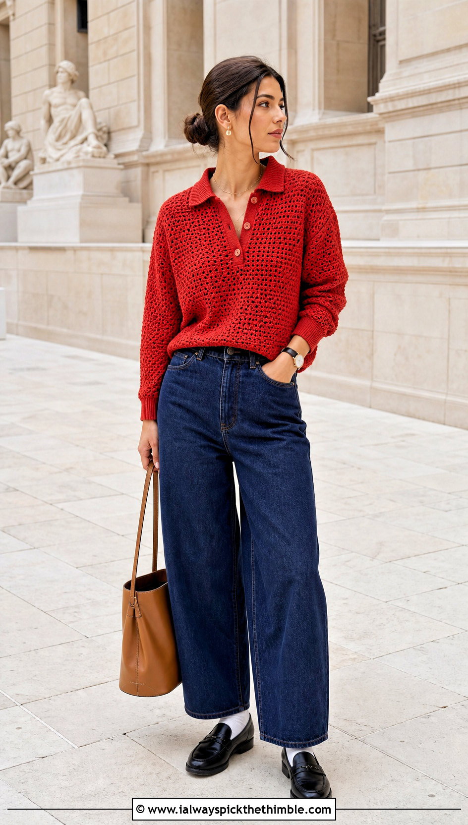 Polo Collar Crochet Sweater With Barrel Jeans - 20 Boho Crochet Sweater outfit ideas
