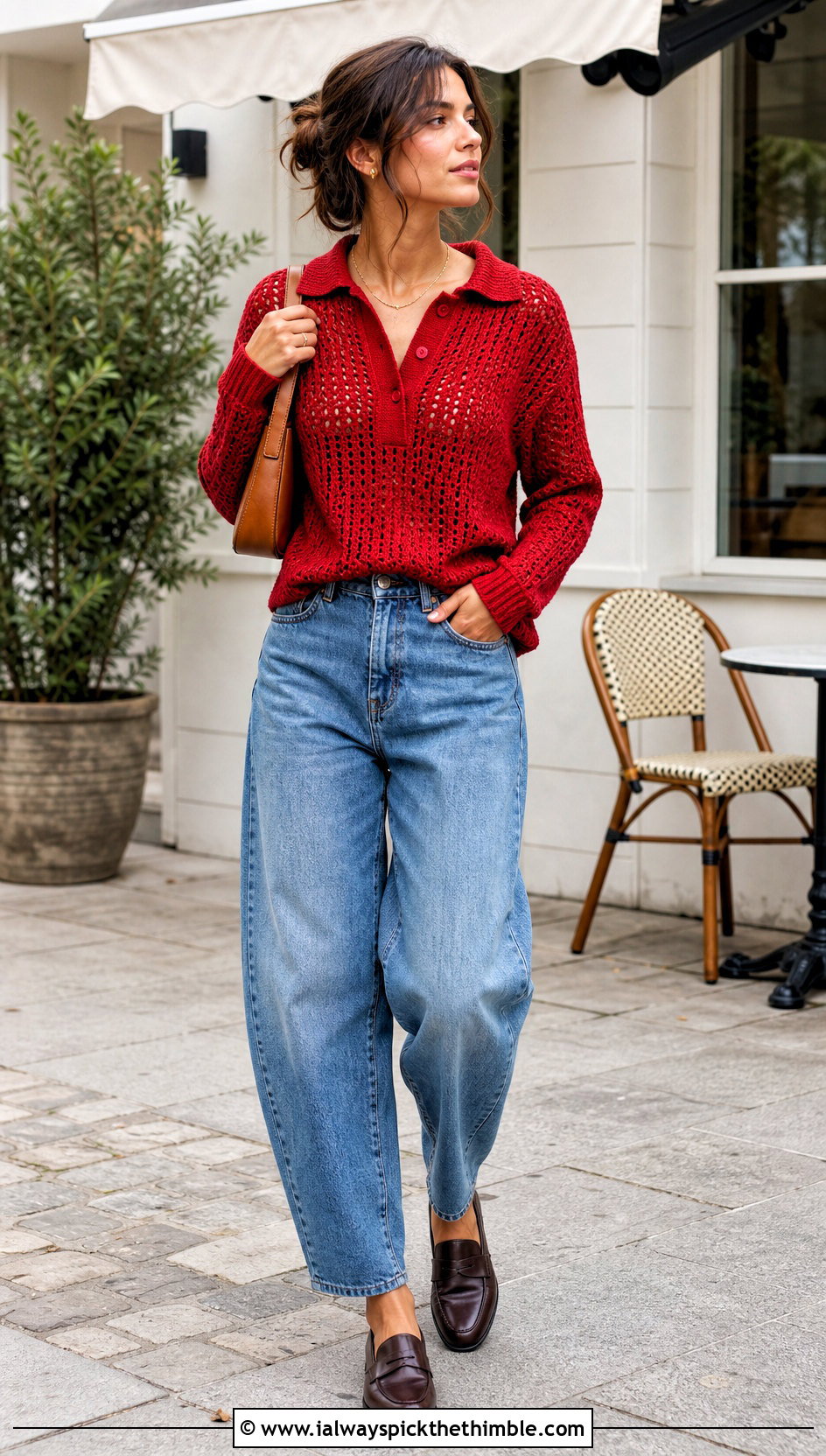 Polo Collar Crochet Sweater With Barrel Jeans - 15 Bohemian Style Crochet Sweater outfit ideas