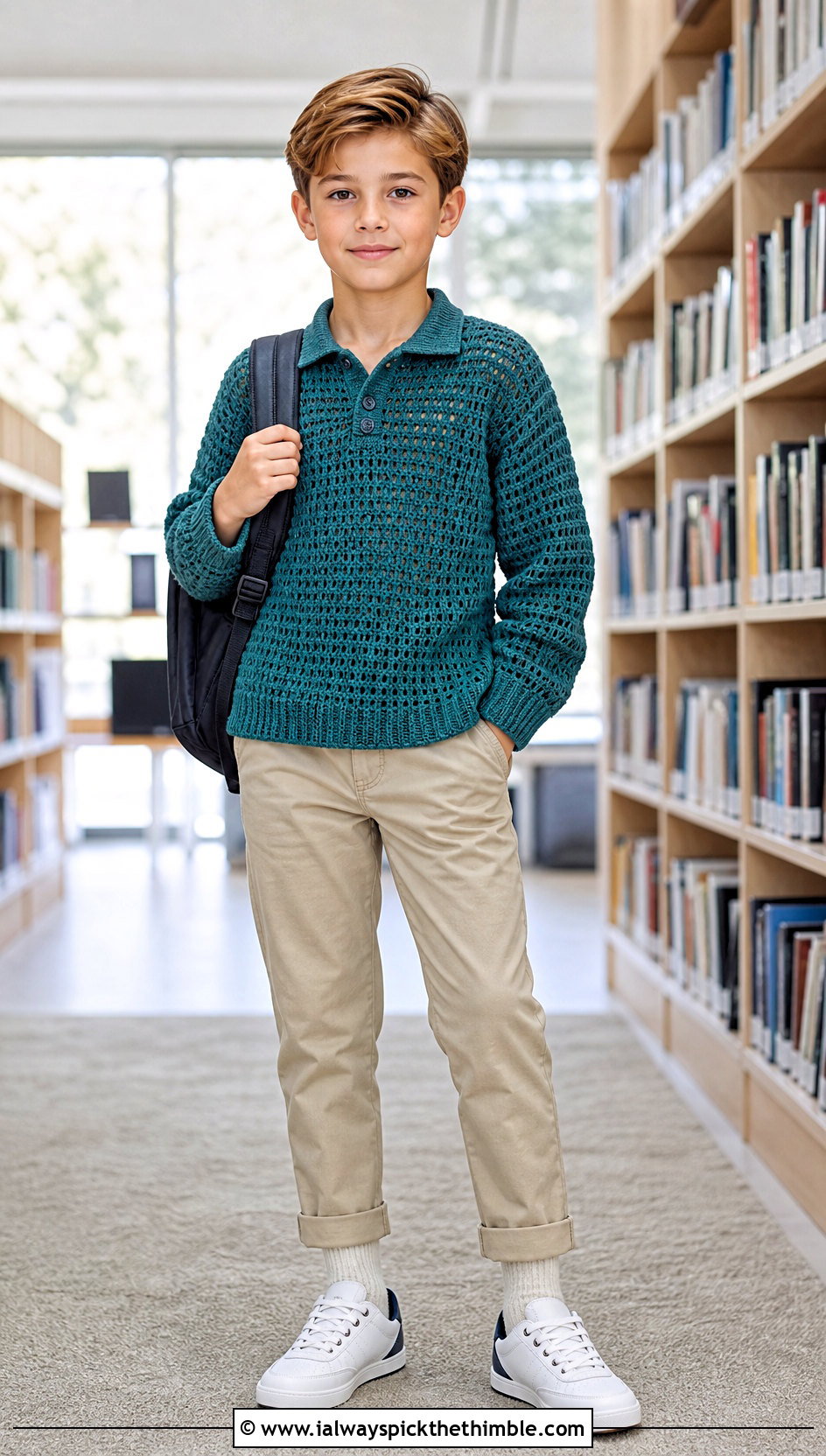 Polo Collar Crochet Sweater With Chino Pants - 15 Crochet Childs Sweater outfit ideas