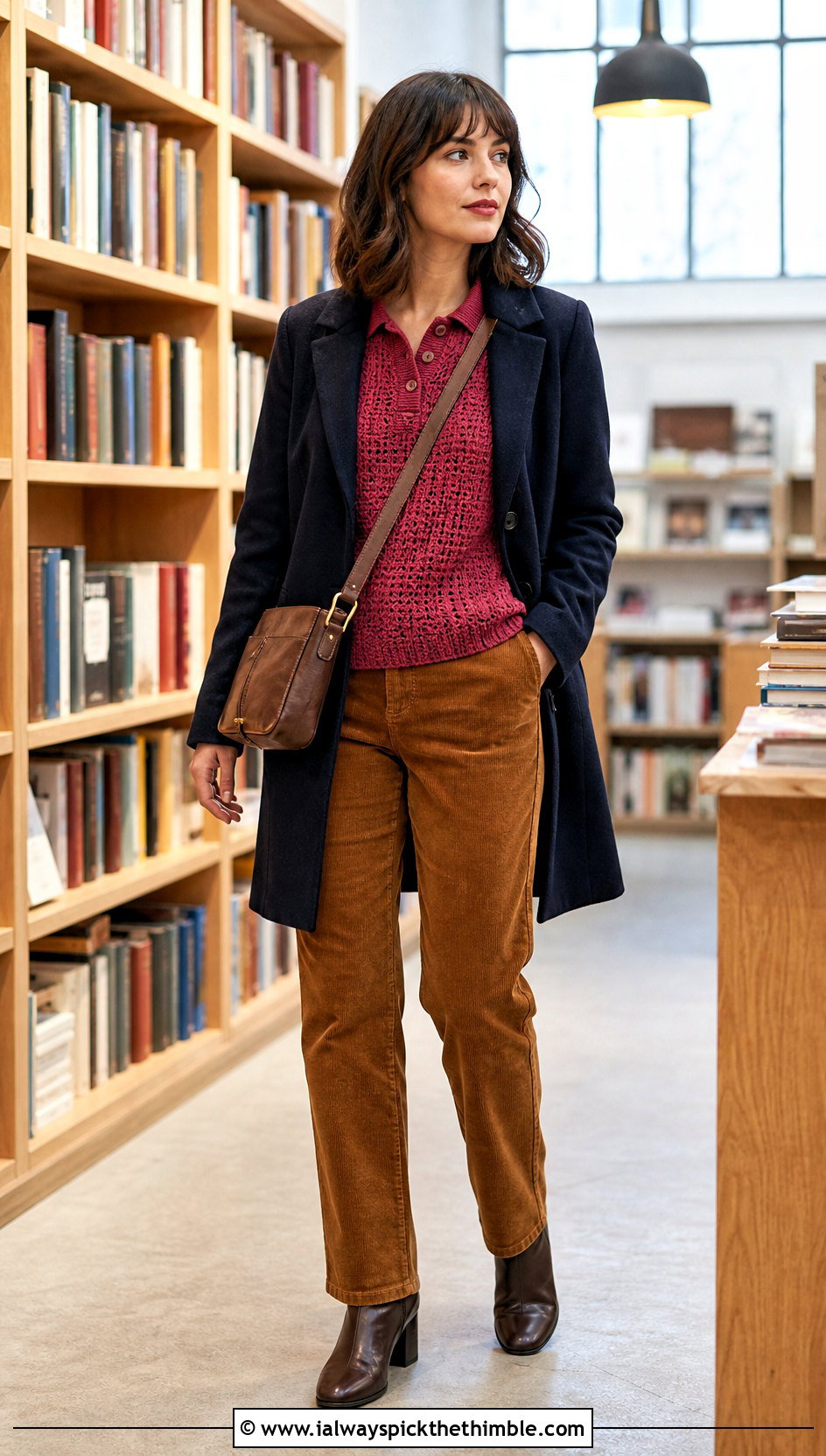 Polo Collar Crochet Sweater With Corduroy Pants - 20 crochet winter sweater outfit ideas