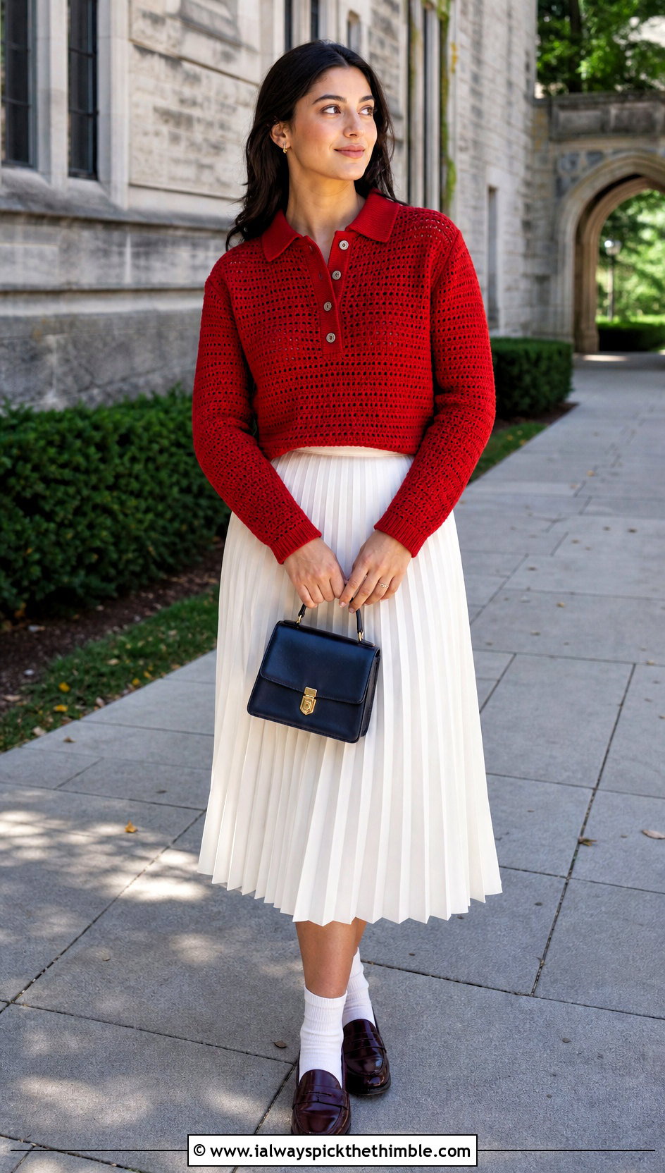 Polo Collar Crochet Sweater With Pleated Midi Skirt - 15 Crochet Womens Sweaters outfit ideas