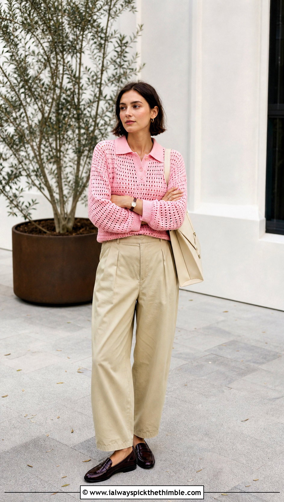 Polo Collar Crochet Sweater With Poplin Pants - 15 Summer Style Crochet Sweater outfit ideas
