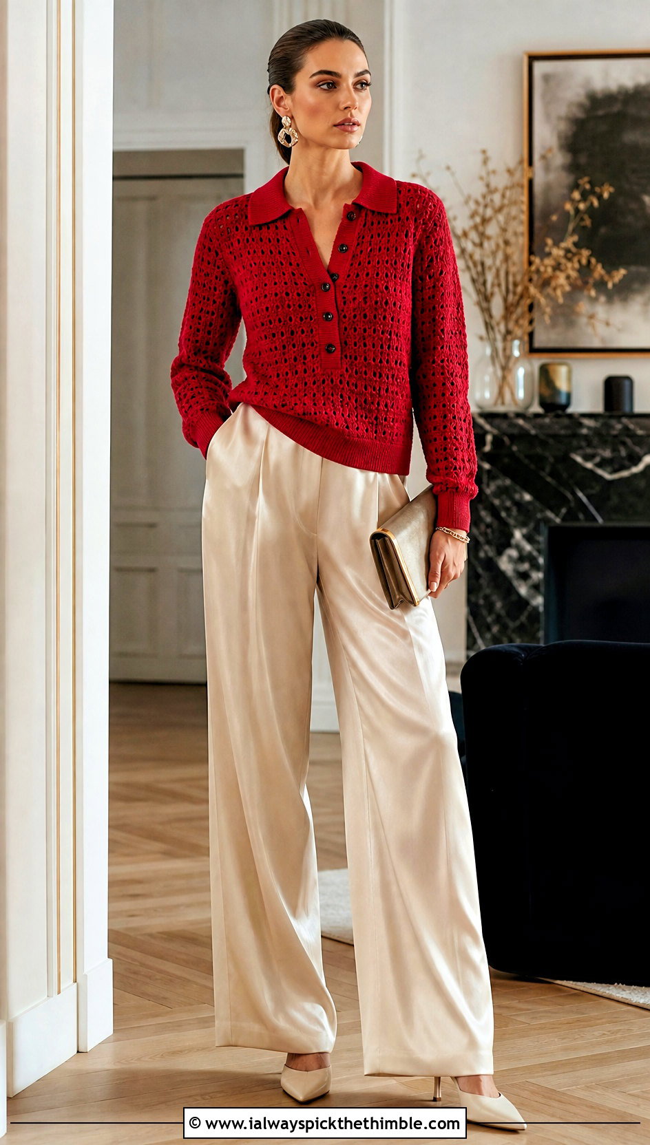Polo Collar Crochet Sweater With Satin Wide Leg Pants - 20 fall crochet sweaters outfit ideas