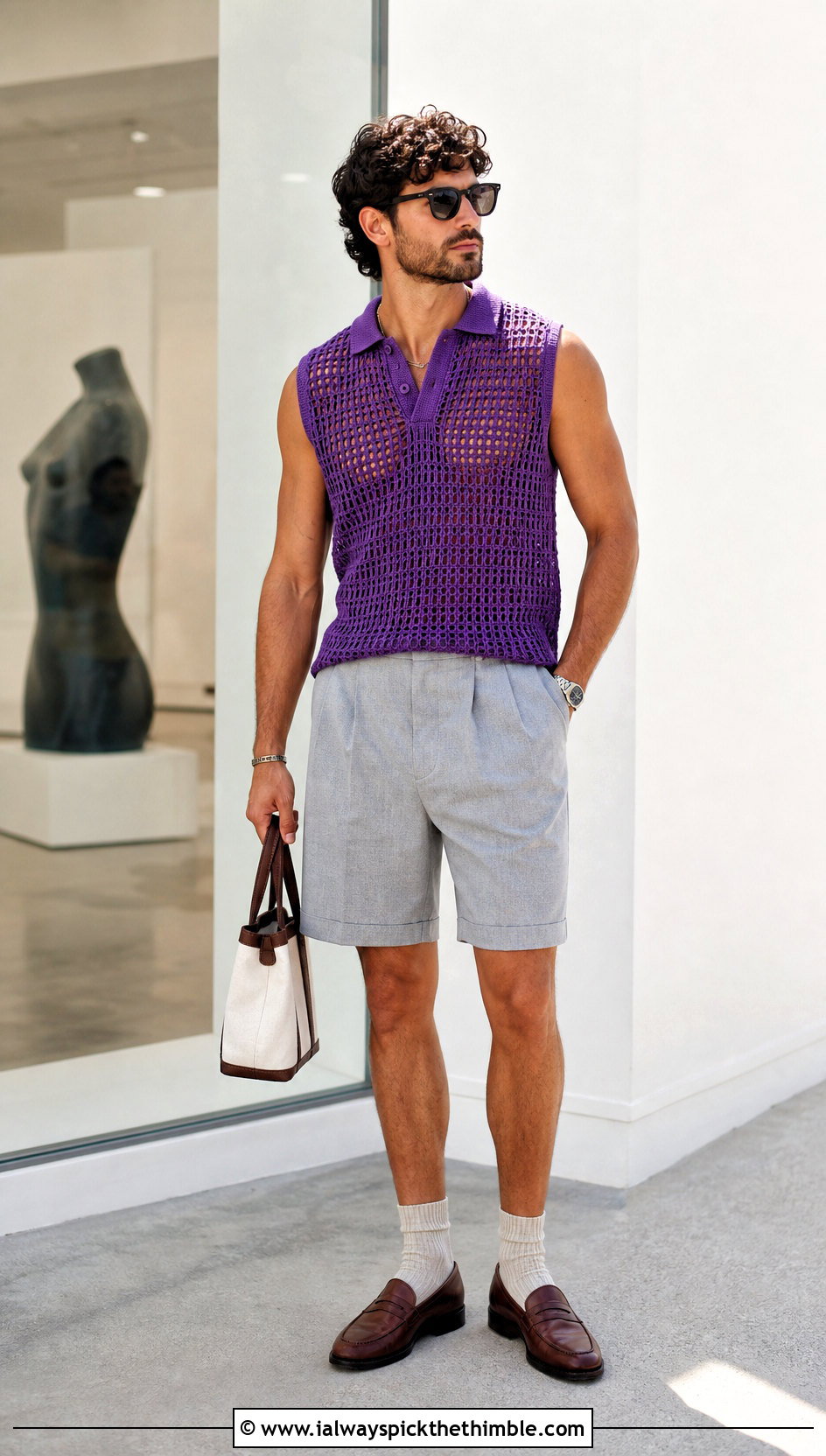 Polo Collar Crochet Vest With Tailored Shorts - 25 crochet vest for men outfit ideas