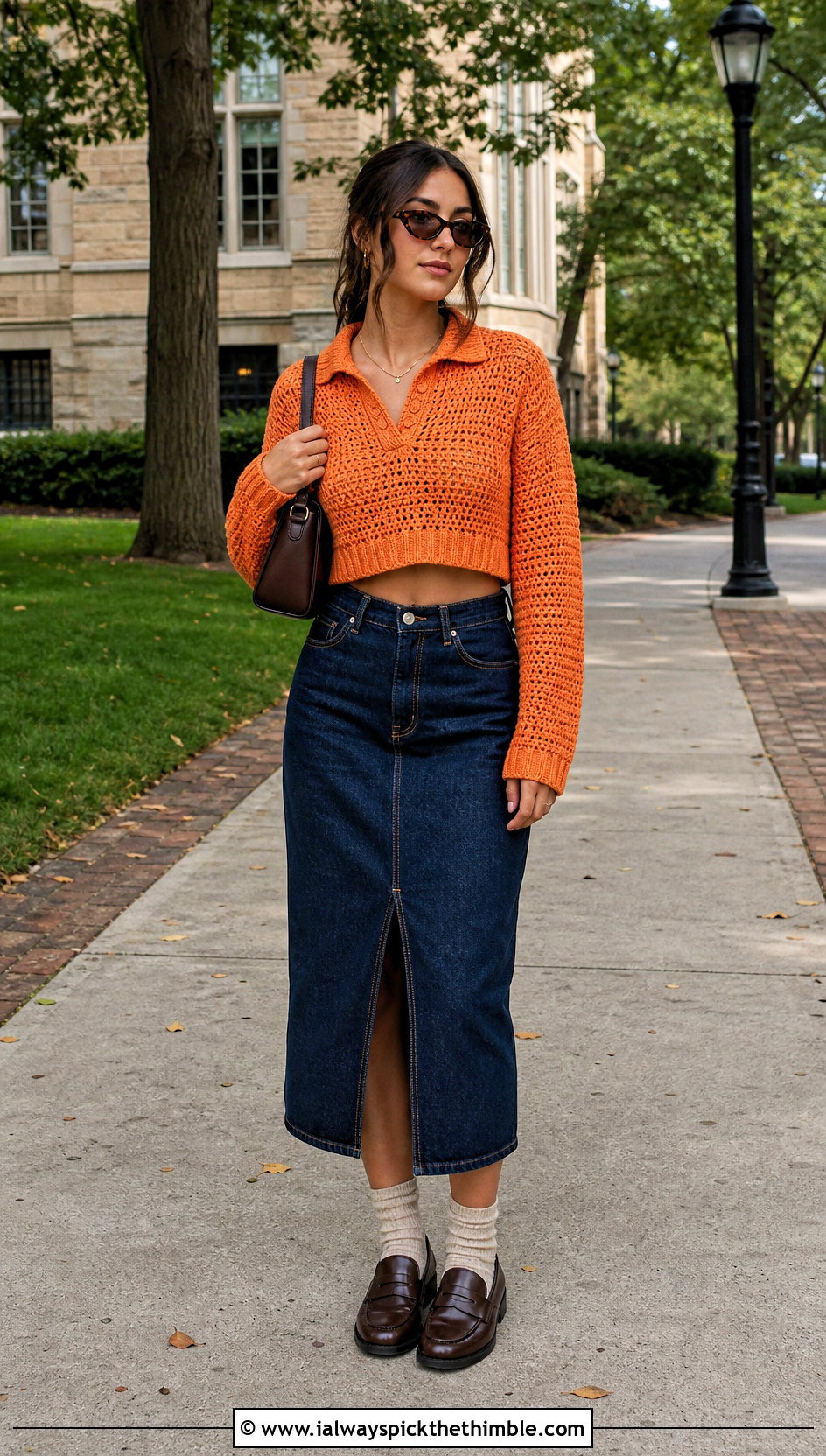 Polo Collar Cropped Crochet Sweater With a Denim Midi Skirt - 20 crocheted cropped sweater outfit ideas