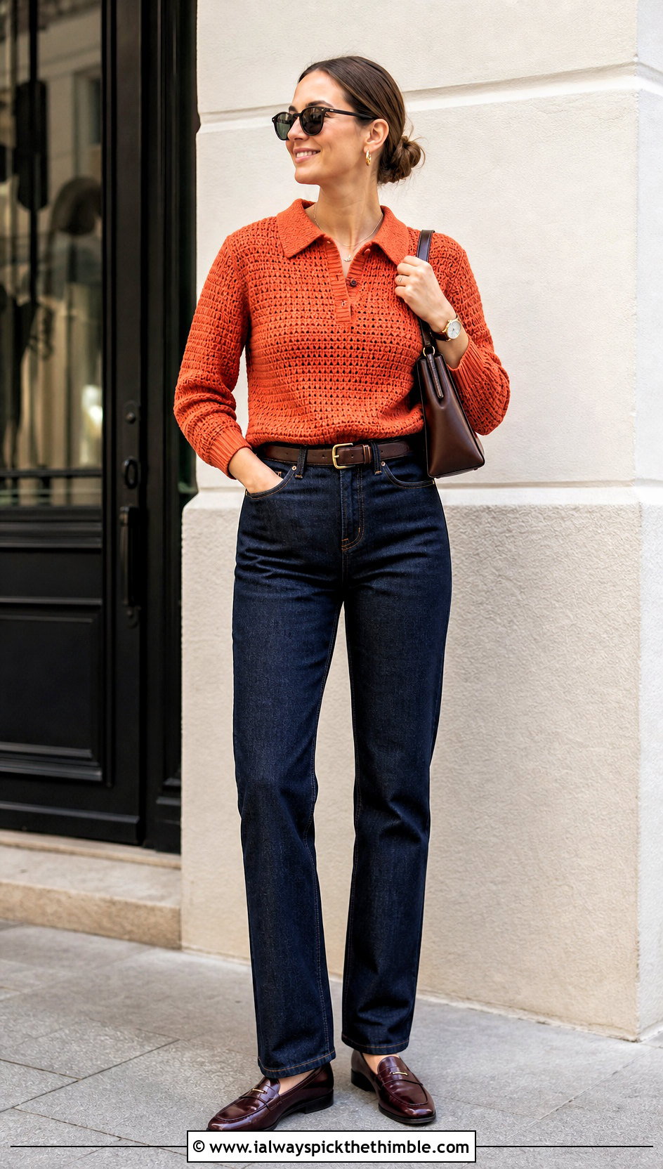 Polo Collar Fisherman Crochet Sweater With Tailored Jeans - 20 Fisherman Crochet Sweater outfit ideas