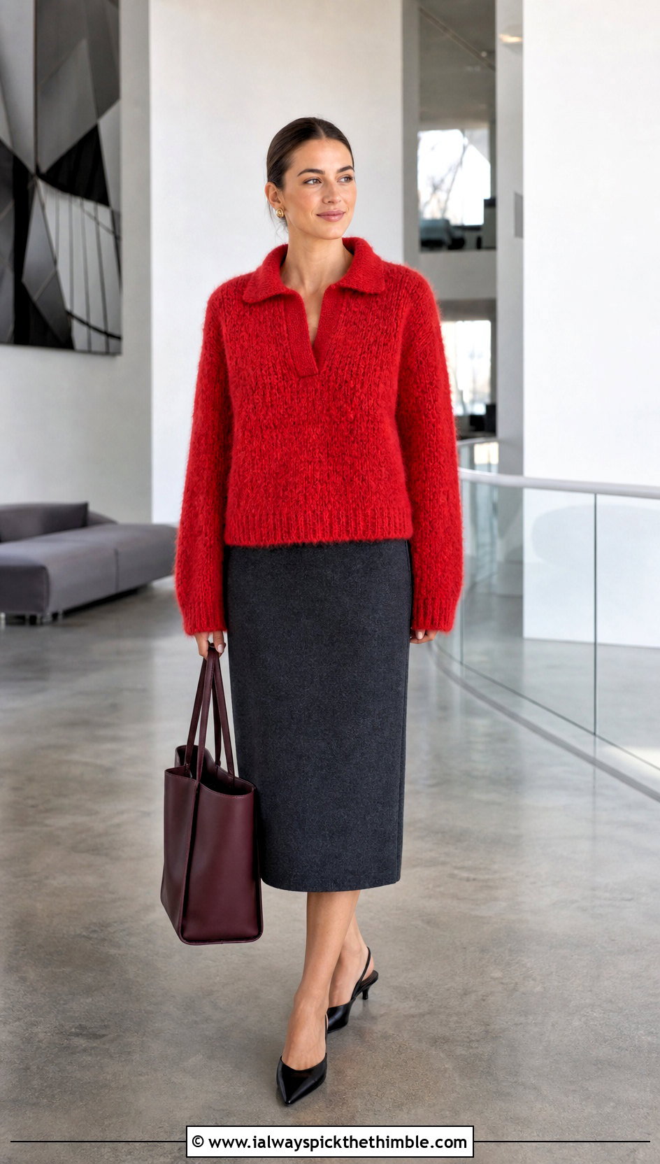 Polo Collar Fluffy Crochet Sweater With Pencil Skirt - 25 fluffy crochet sweater outfit ideas