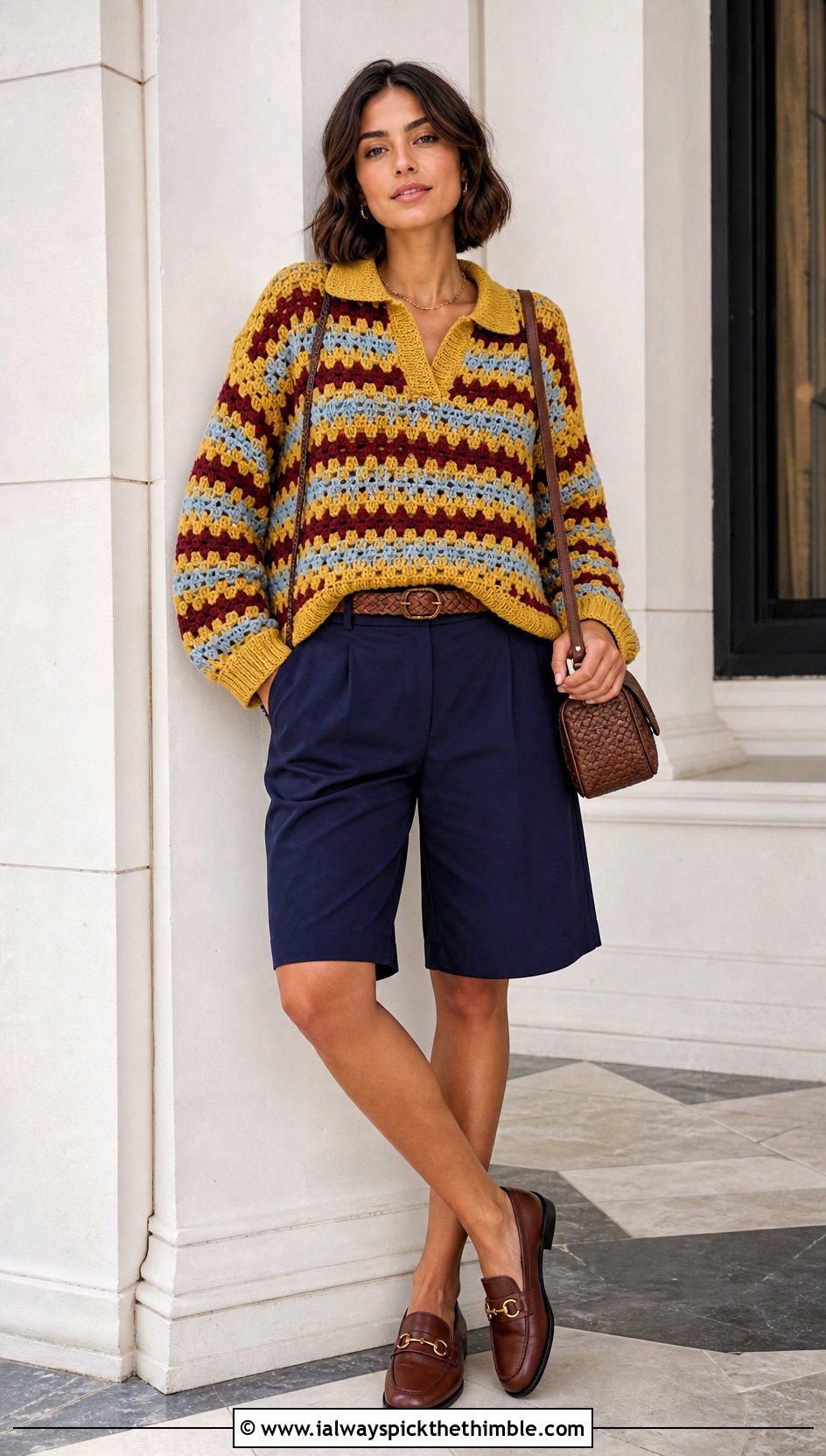 Polo Collar Granny Stripe Crochet Sweater With Bermuda Shorts - 20 Granny Stripe Crochet Sweater outfit ideas