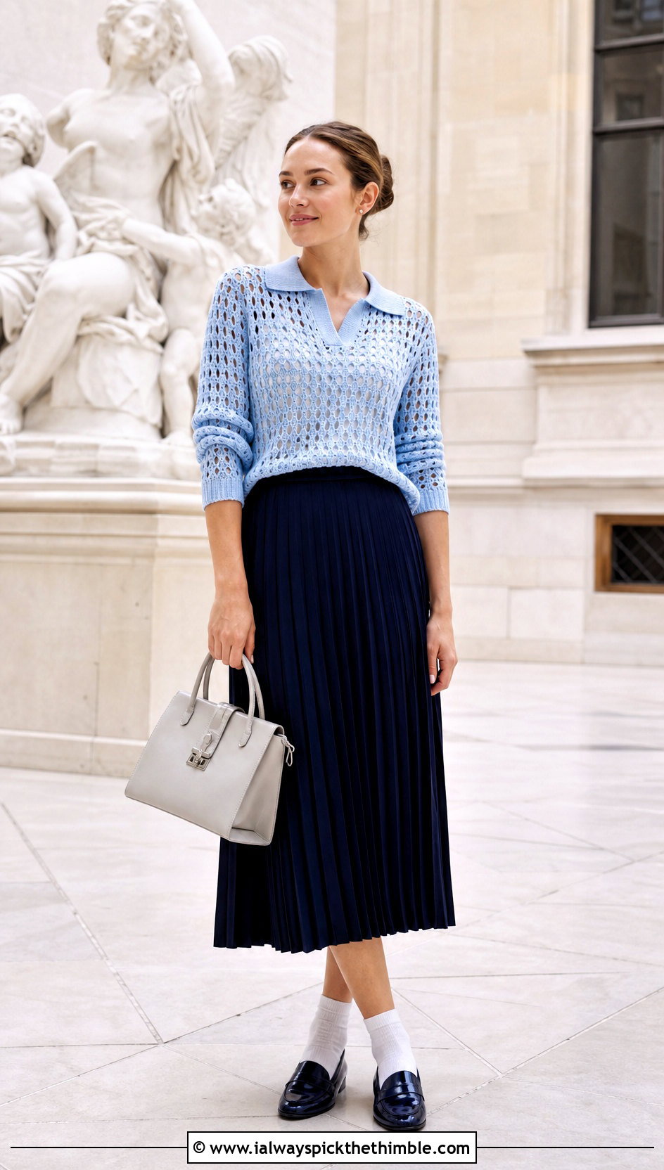 Polo Collar Hollow Out Crochet Sweater With Pleated Midi Skirt - 20 Hollow Out Crochet Sweater outfit ideas