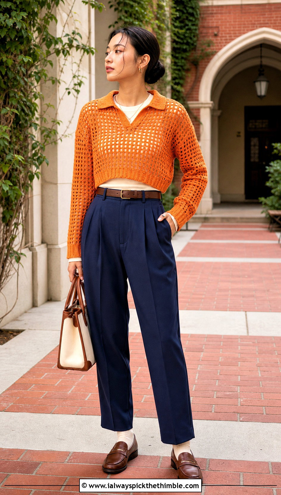 Polo Collar Hollow Out Crop Crochet Sweater With Pleated Trousers - 15 hollow out crop crochet sweater outfit ideas