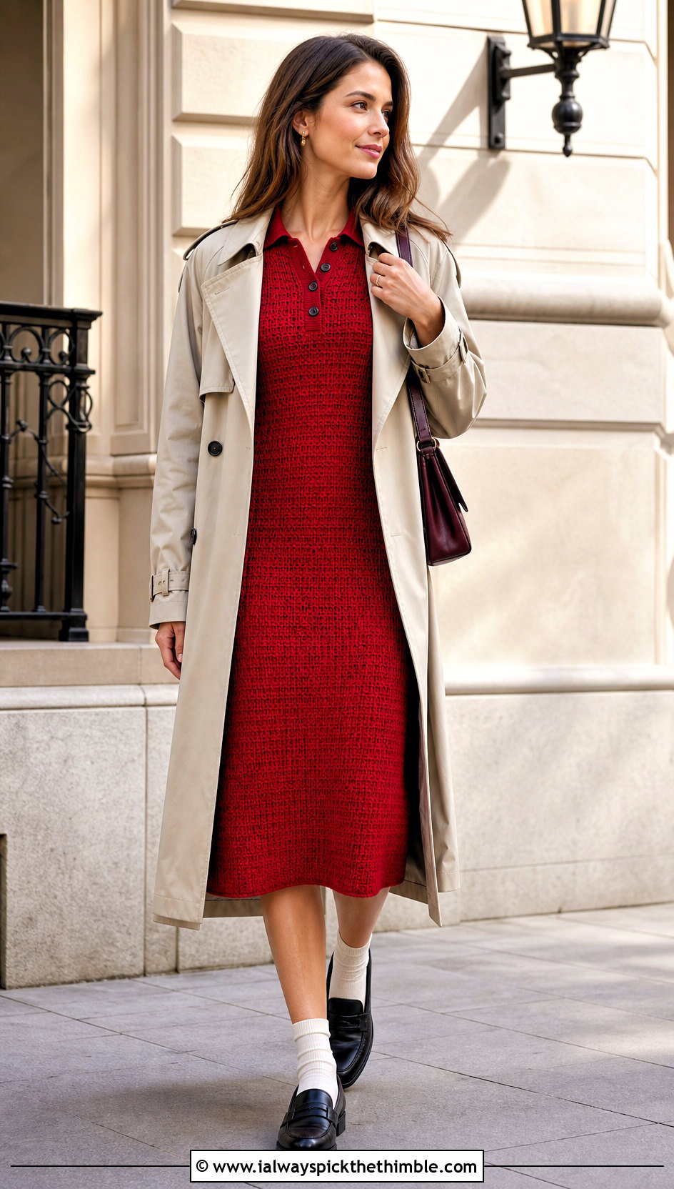 Polo Collar Long Sleeve Crochet Sweater Dress With Trench Coat - 20 long sleeve crochet sweater dress outfit ideas