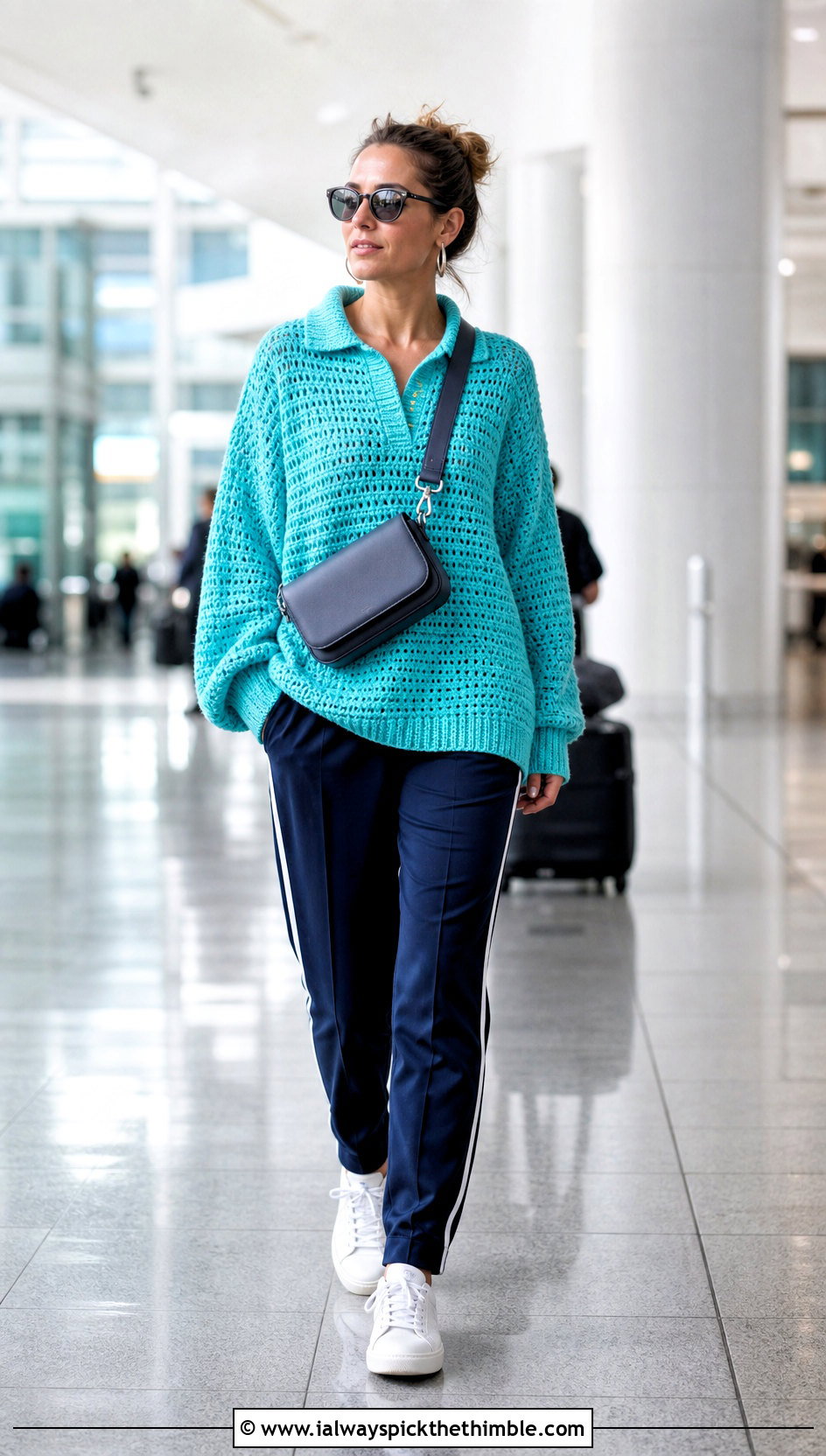 Polo Collar Oversize Crochet Sweater With Track Pants - 15 Oversize Crochet Sweater outfit ideas