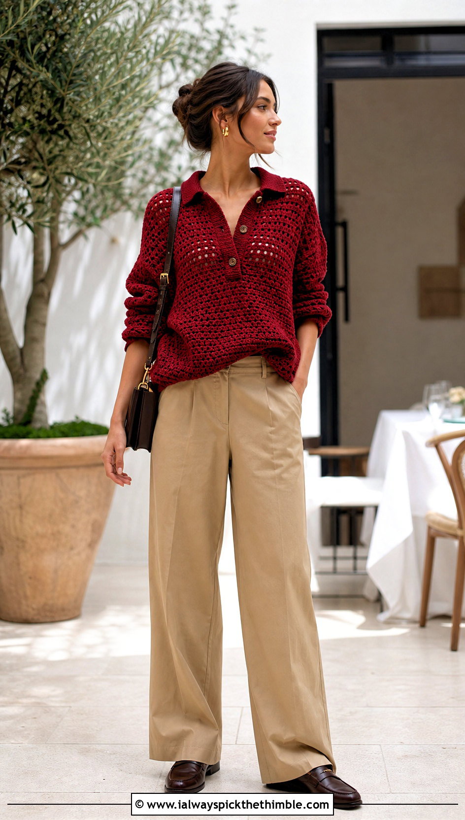 Polo Collar Oversized Crochet Sweater With Wide Leg Chinos - 15 Oversized Crochet Sweaters outfit ideas