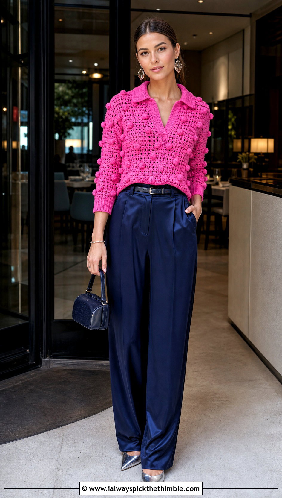 Polo Collar Pink Crochet Pom Pom Sweater With Satin Pants - 15 pink crochet sweater with pom poms outfit ideas