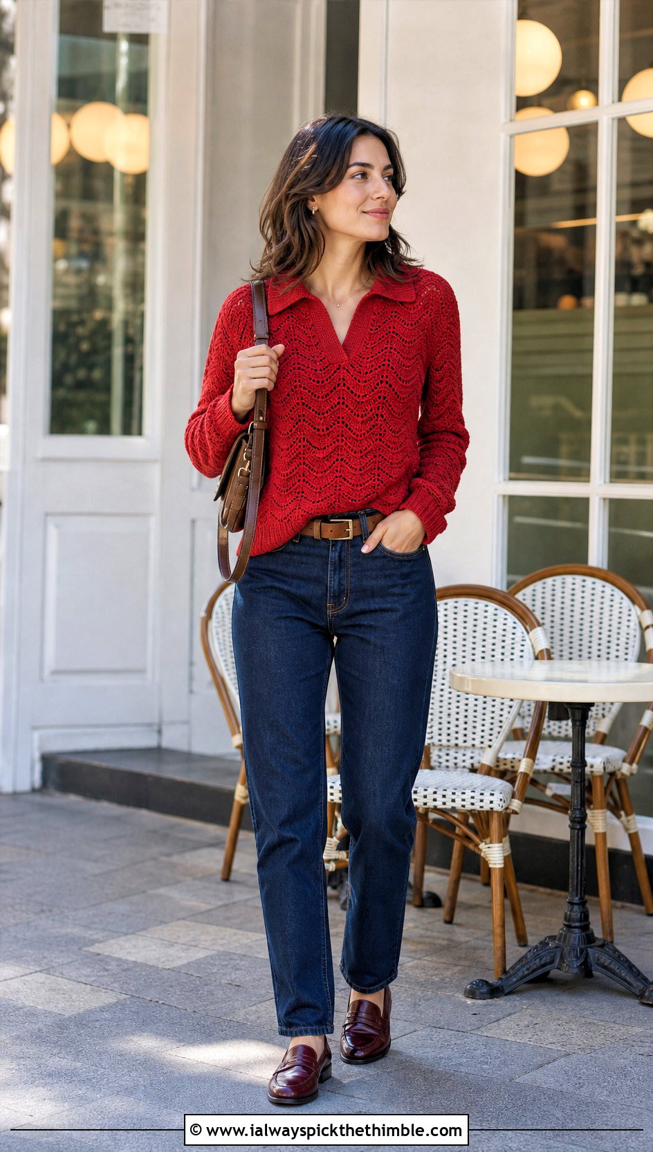 Polo Collar Ripple Sweater With Straight Leg Jeans - 20 crochet ripple sweater outfit ideas
