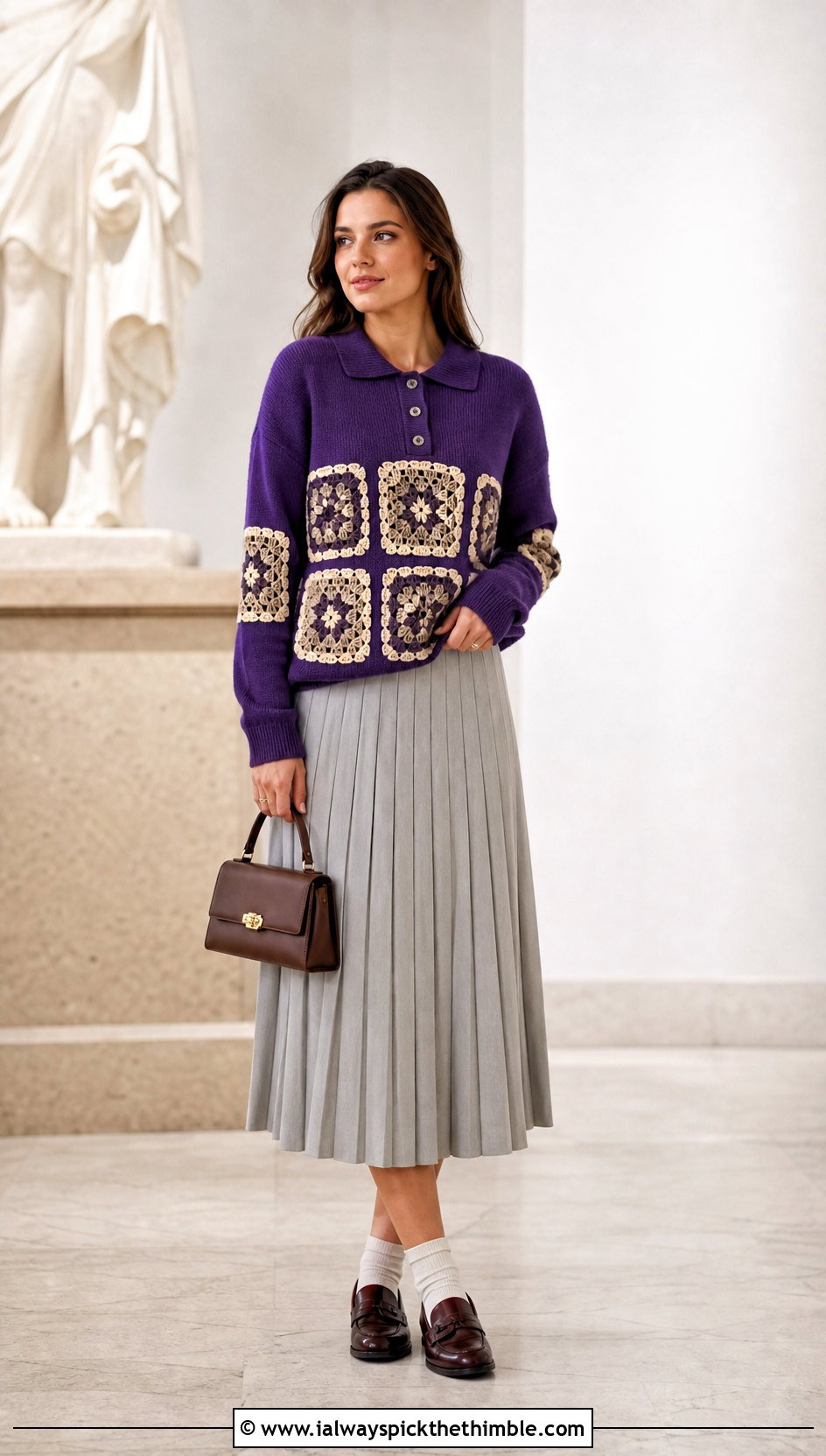 Polo Collar Square Sweater With Pleated Midi Skirt - 25 Crochet Square Sweater outfit ideas