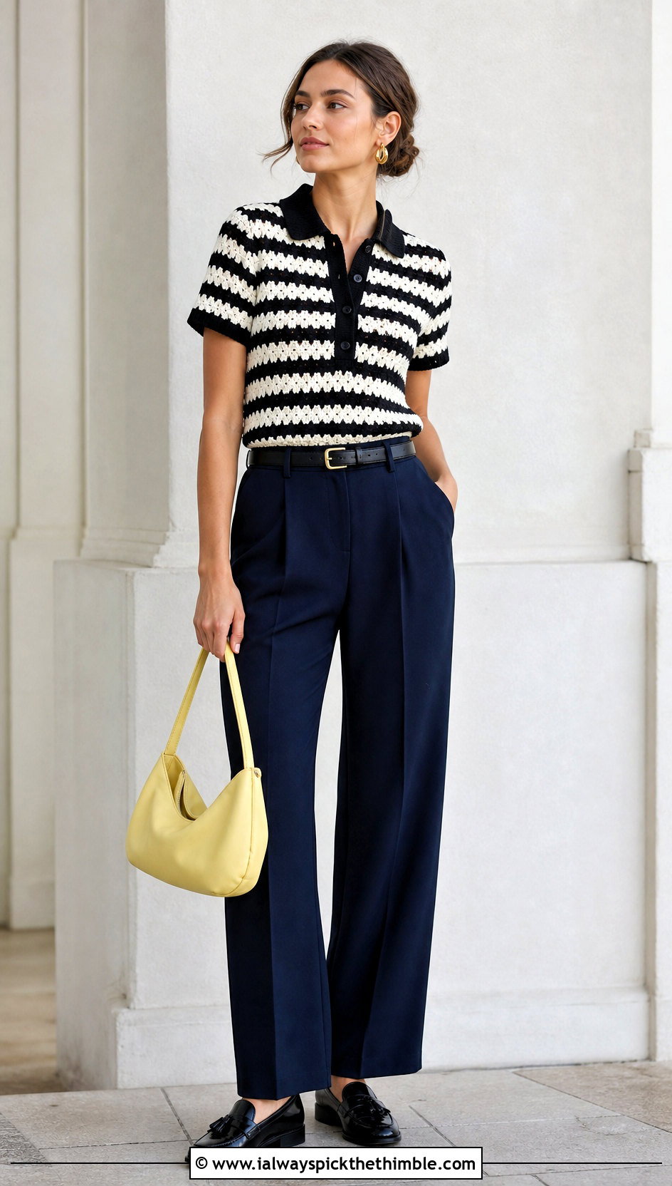 Polo Collar Striped Crochet Sweater With Pleated Pants - 20 black and white striped crochet sweater outfit ideas