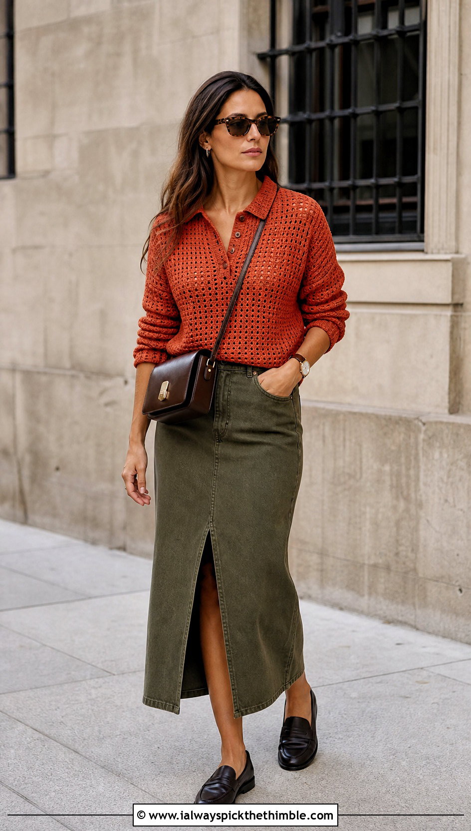 Polo Collar Top Down Crochet Sweater With Denim Skirt - 25 top down crochet sweater outfit ideas