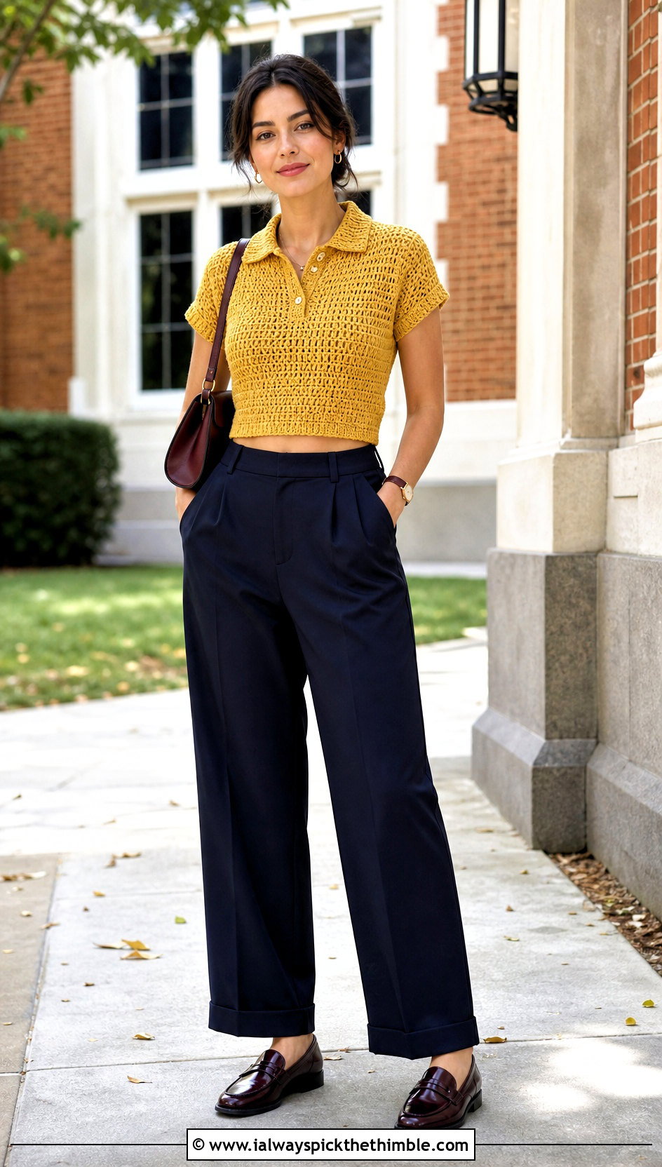 Polo Crochet Crop Top With Pleated Trousers - 25 crochet crop top outfits ideas