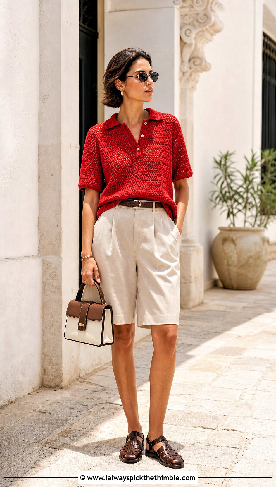Polo Crochet Sweater With Tailored Shorts - 15 Boho Style Crochet Sweater outfit ideas