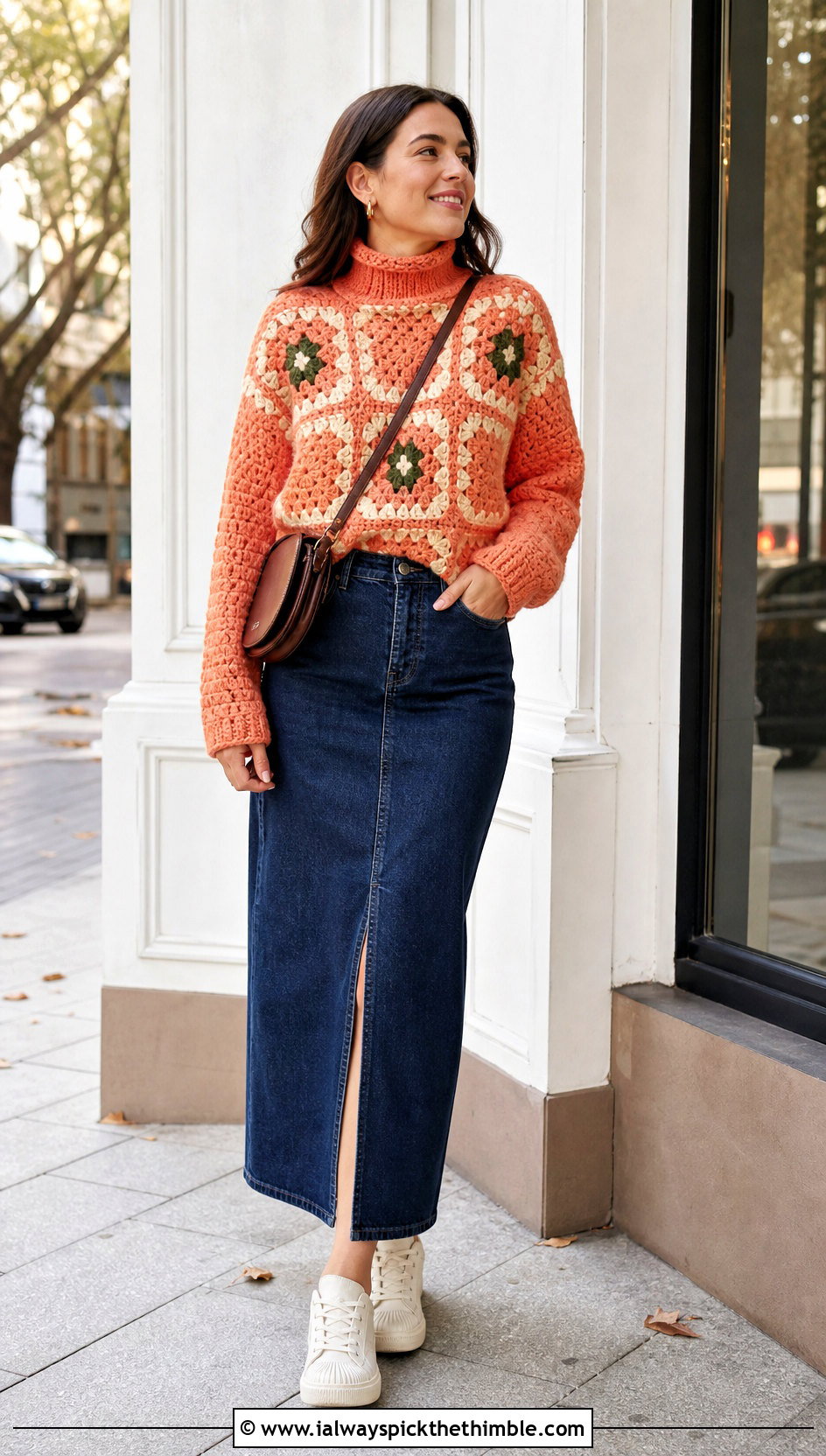 Polo Neck Granny Square Sweater With Denim Maxi Skirt - 25 crochet granny square sweater outfit ideas