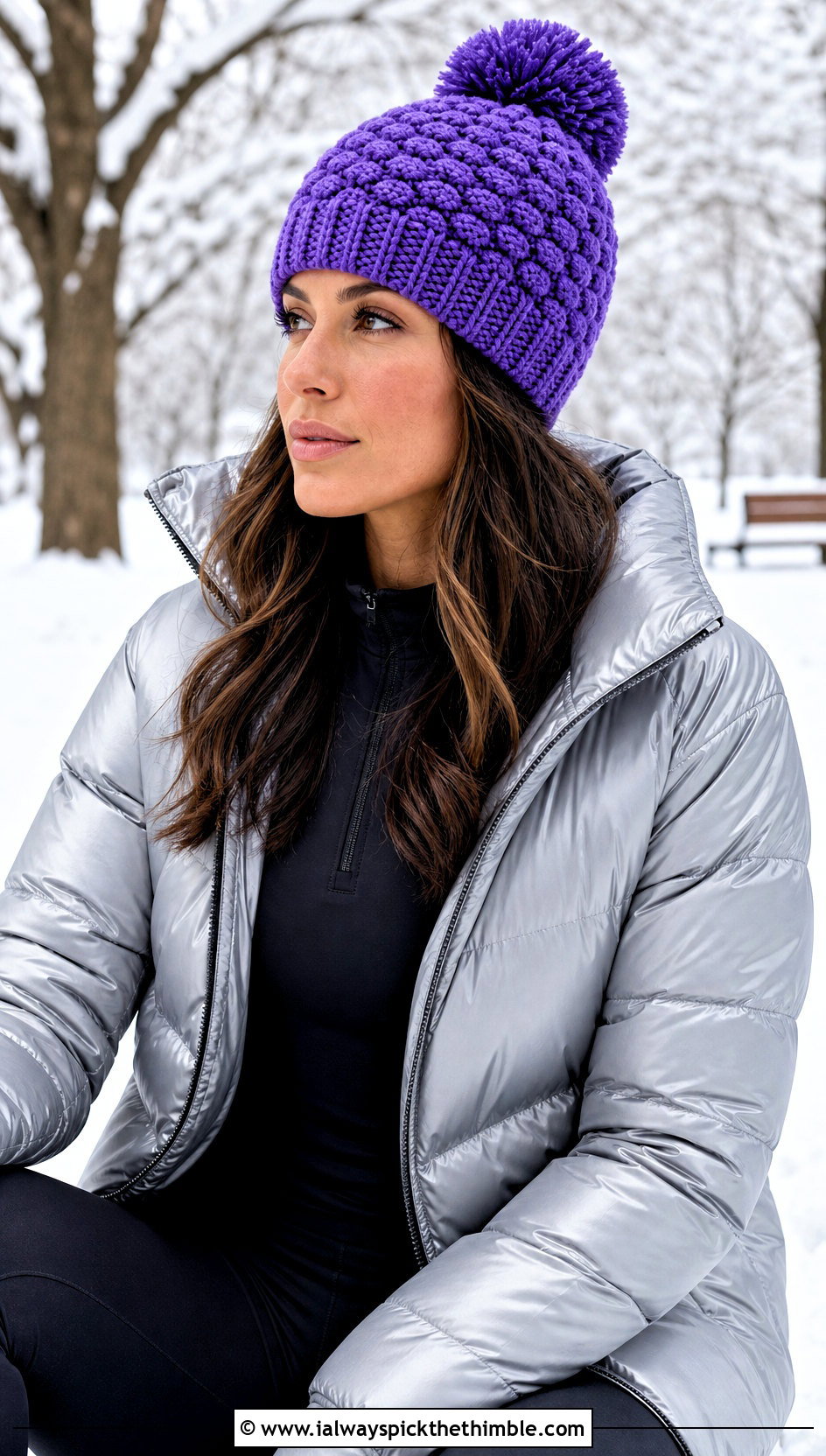 Pom Pom Alpine Stitch Beanie With Puffer Jacket And Leggings - 15 Alpine Stitch Crochet Hat outfit ideas