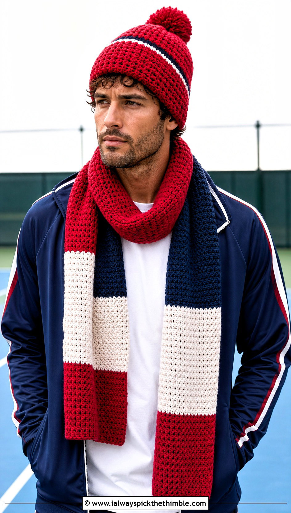 Pom Pom Beanie And Color Block Scarf With Track Jacket - 15 Mens Crochet Hat And Scarf outfit ideas