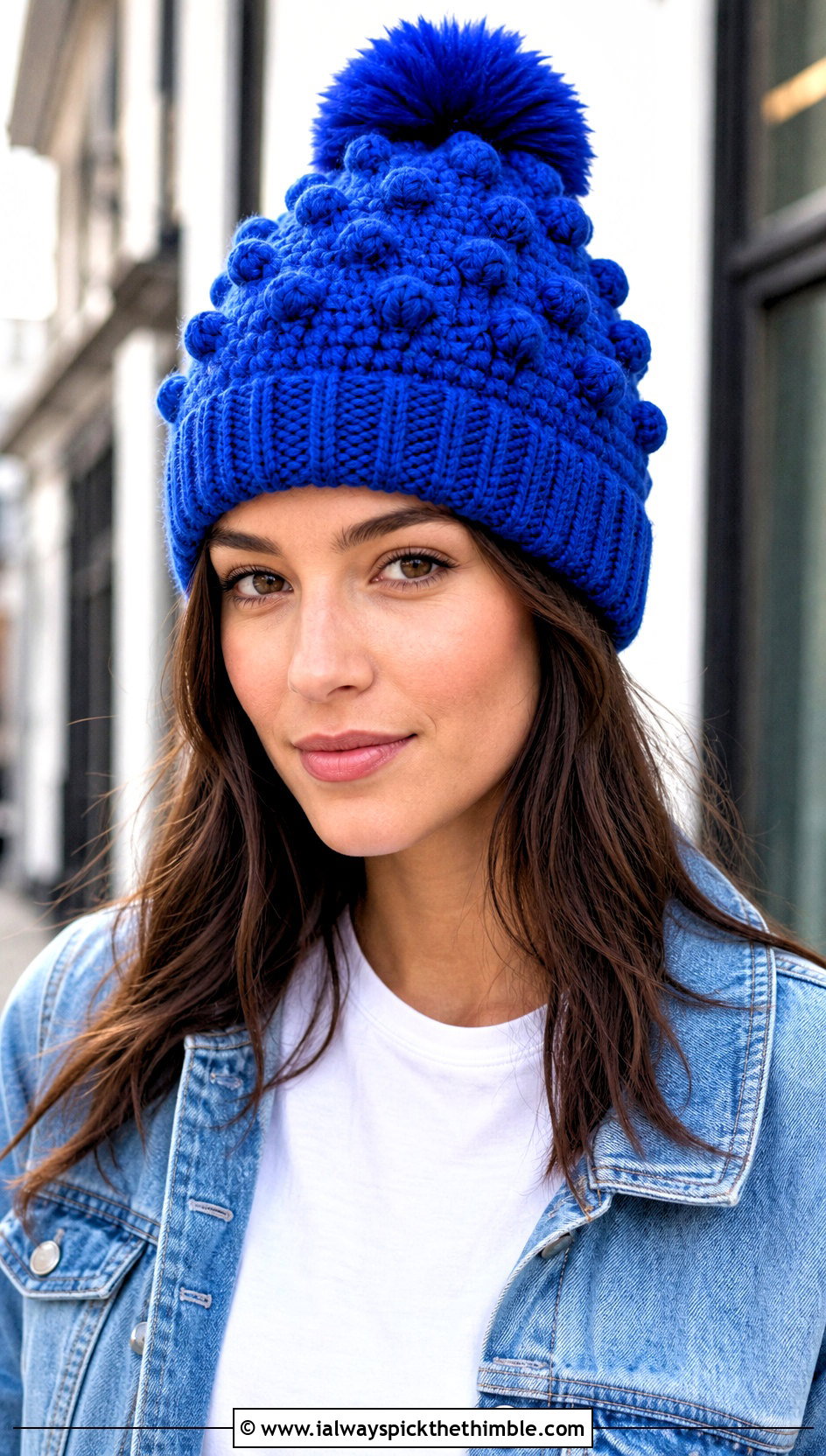 Pom Pom Bert Crochet Hat With Double Denim - 15 Bert Crochet Hat outfit ideas