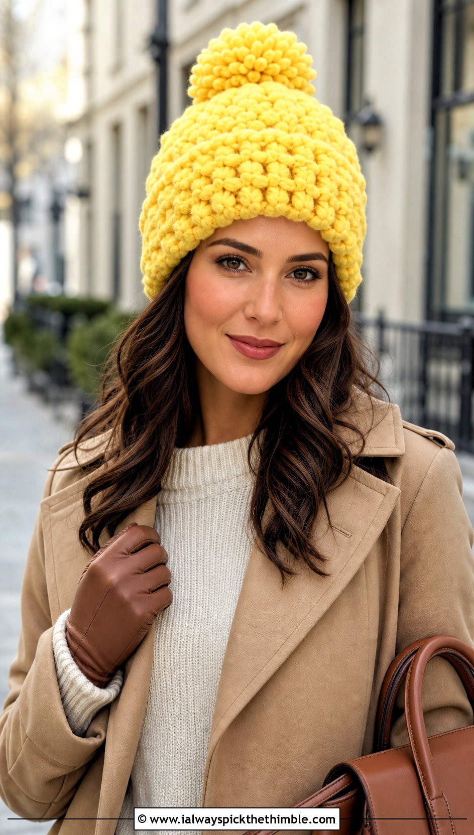 Pom Pom Blanket Yarn Crochet Beanie With Trench Coat - 15 blanket yarn crochet beanie outfit ideas