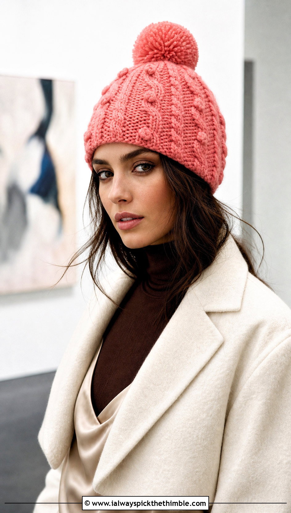 Pom Pom Braided Cable Beanie With Slip Dress - 15 Braided Crochet Beanie outfit ideas