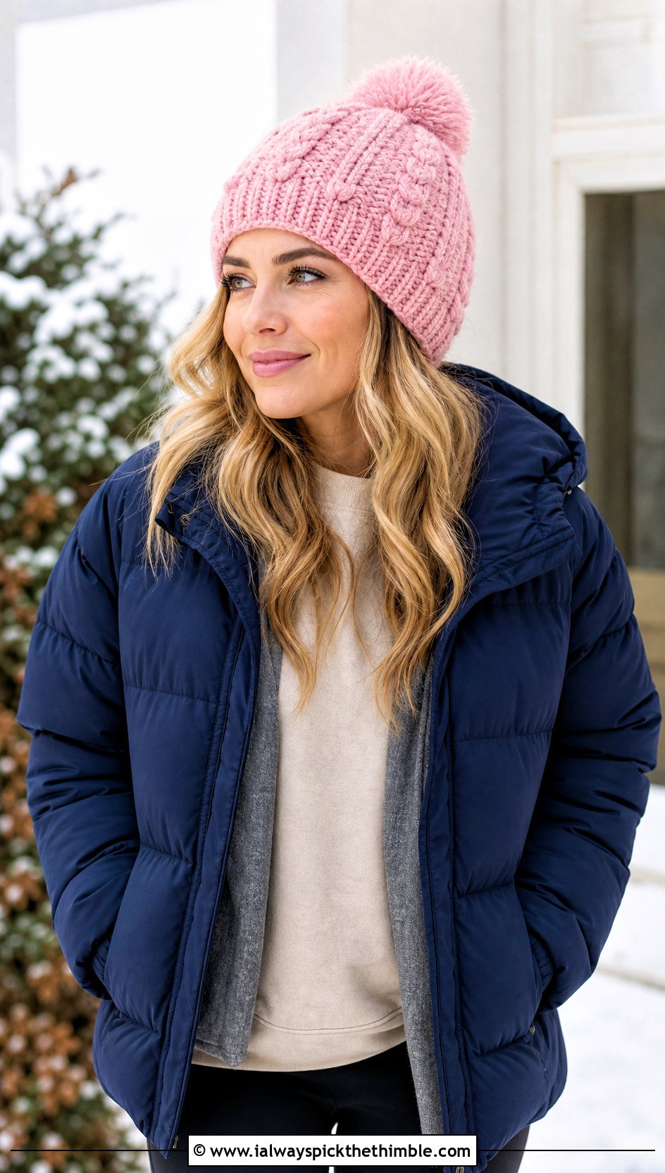 Pom Pom Cable Crochet Beanie With Puffer Coat - 20 Cable Knit Crochet Hat outfit ideas