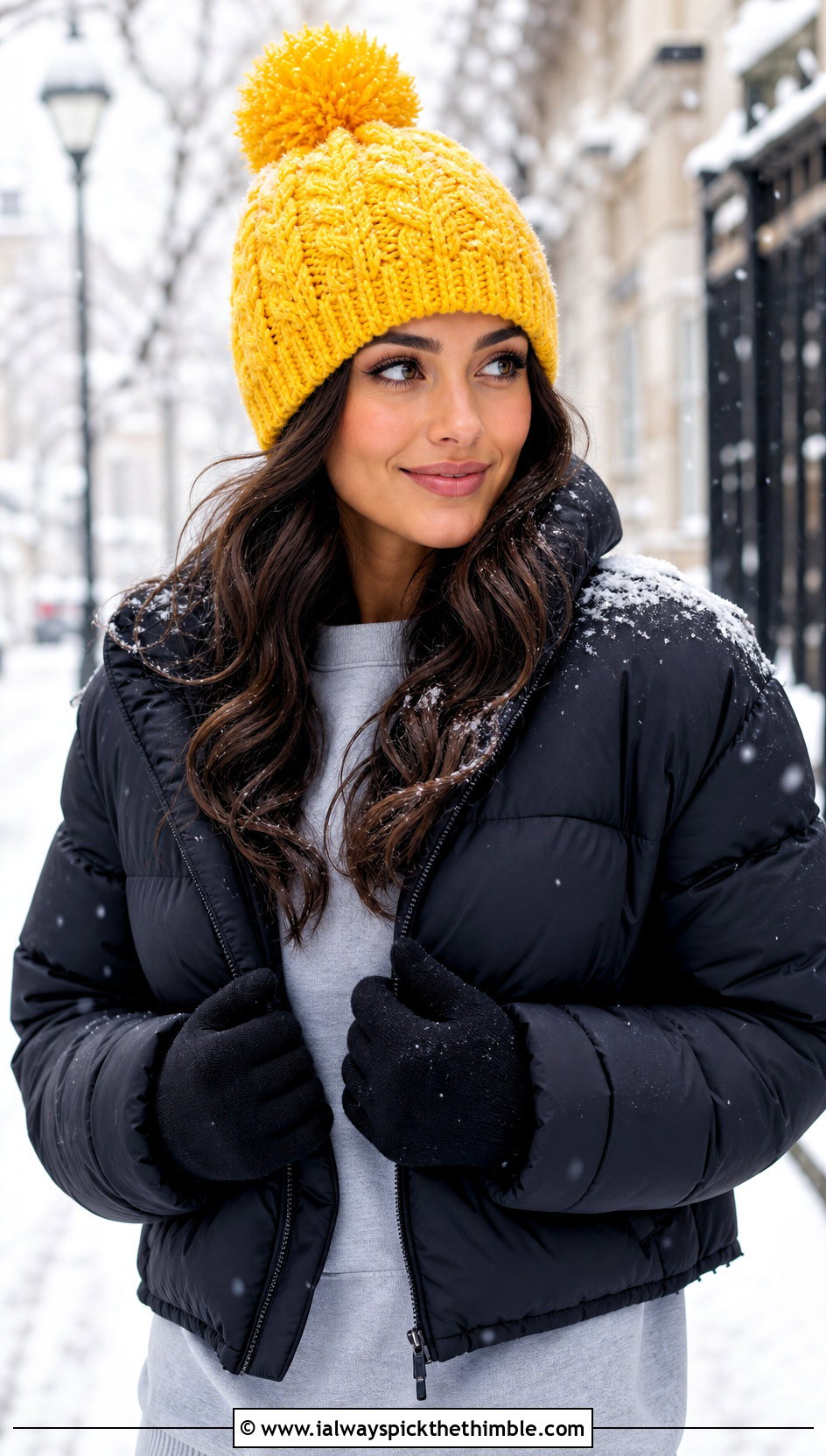 Pom Pom Cable Stitch Hat With Puffer Coat - 20 Crochet Cable Stitch Hat outfit ideas