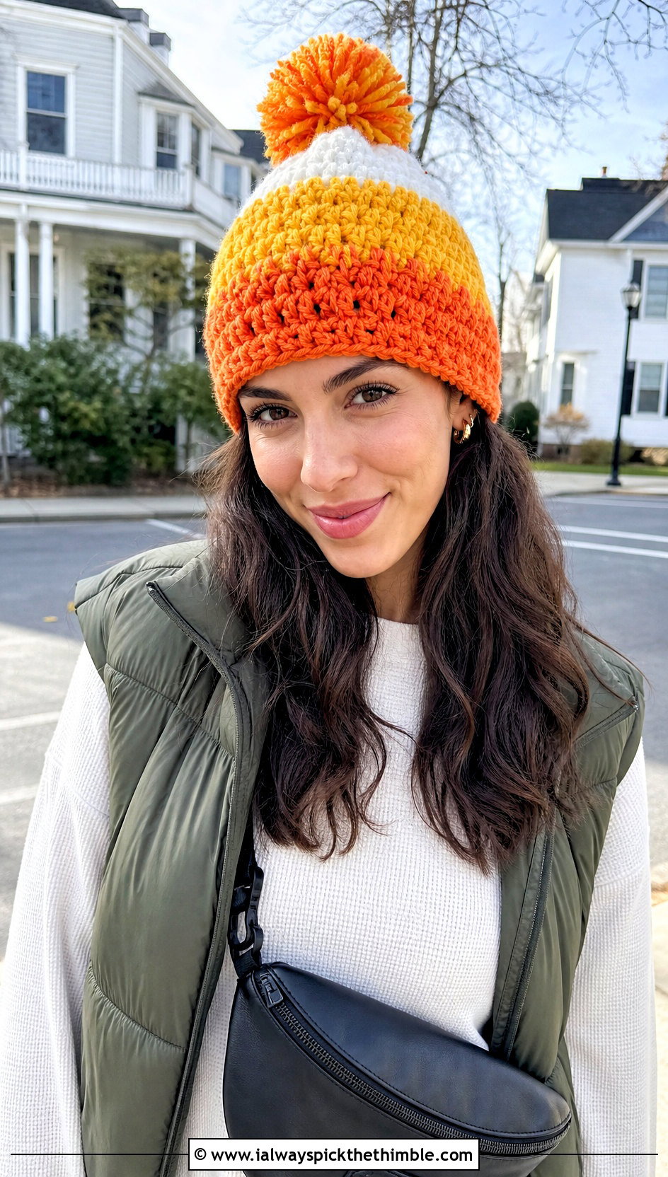 Pom Pom Candy Corn Crochet Beanie With Puffer Vest - 15 candy corn crochet beanie outfit ideas