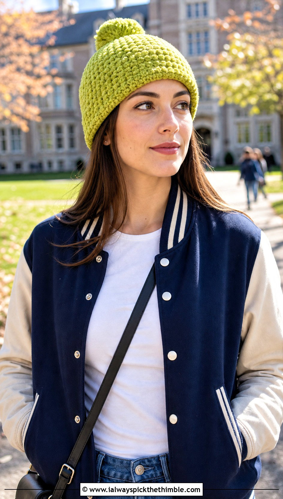 Pom Pom Chenille Beanie With Varsity Jacket - 20 crochet chenille hat outfit ideas